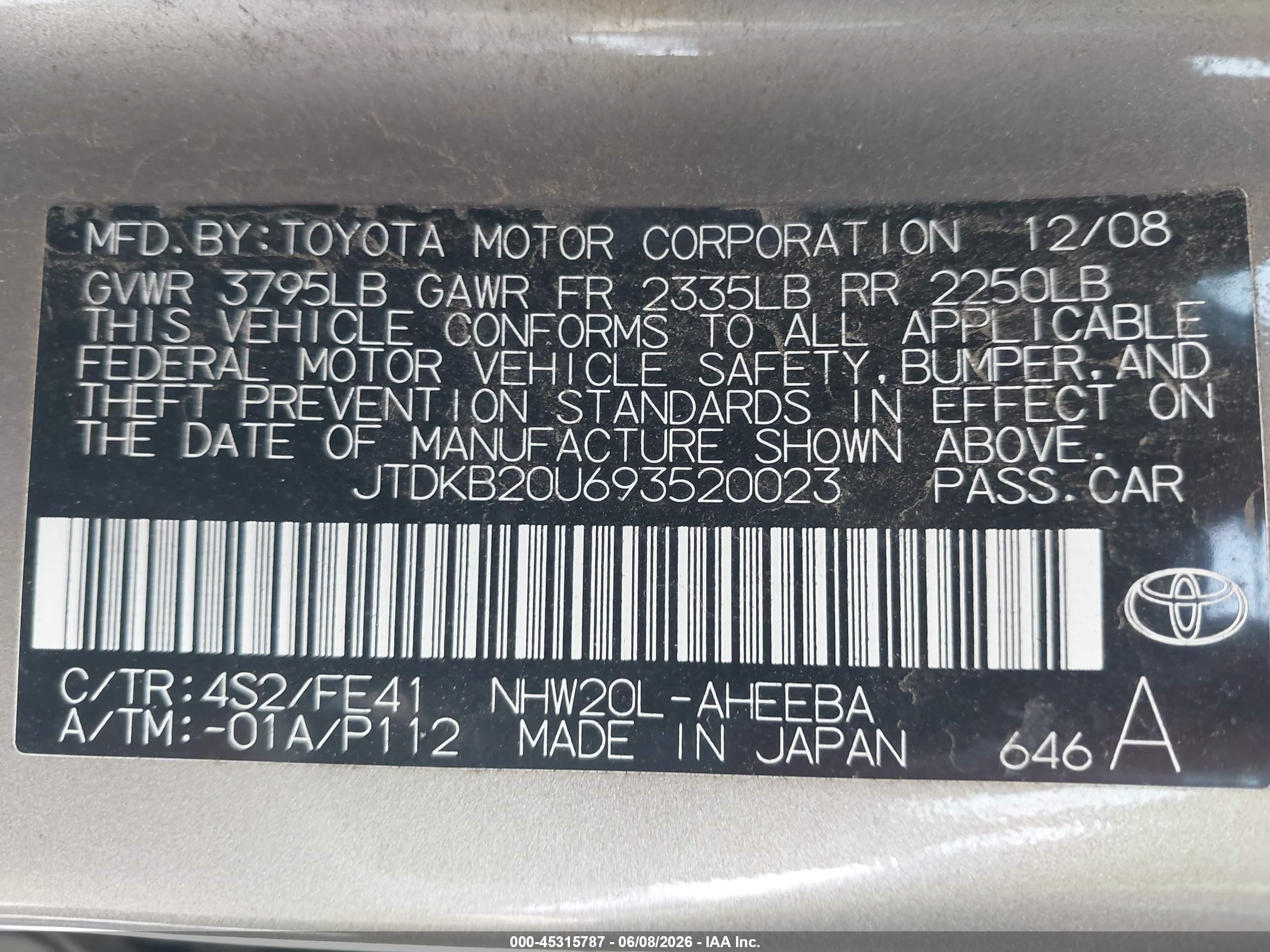 2009 Toyota Prius   Champagne vin: JTDKB20U693520023