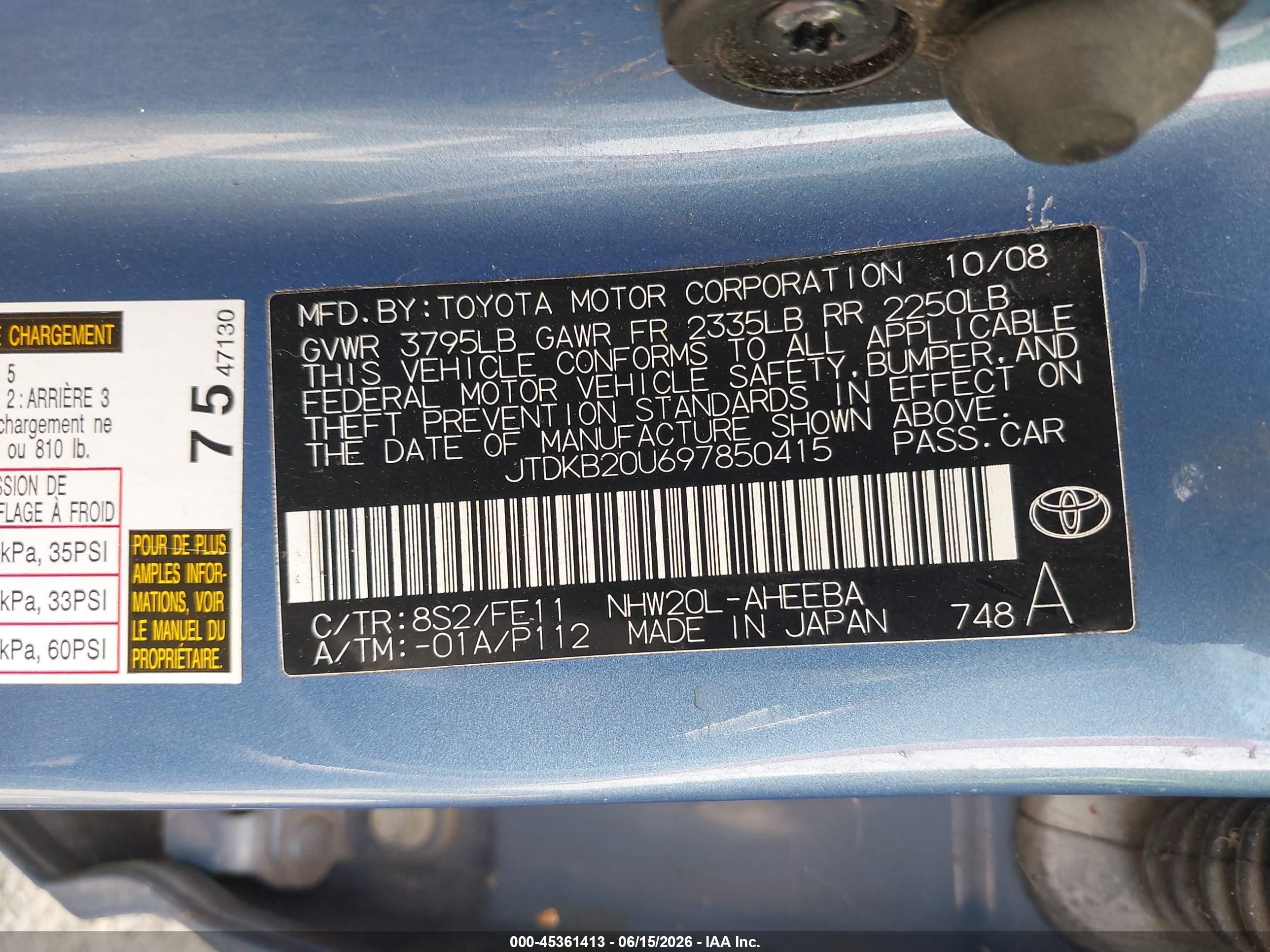 2009 Toyota Prius   Light Blue vin: JTDKB20U697850415