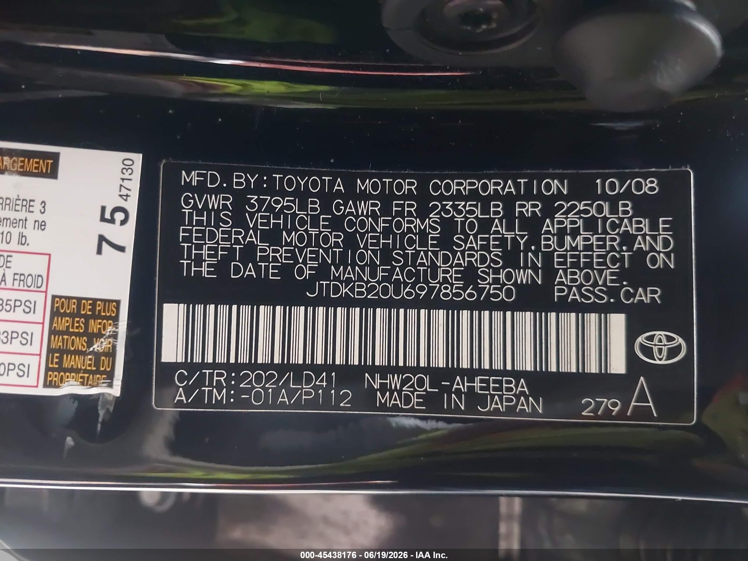 2009 Toyota Prius   Black vin: JTDKB20U697856750