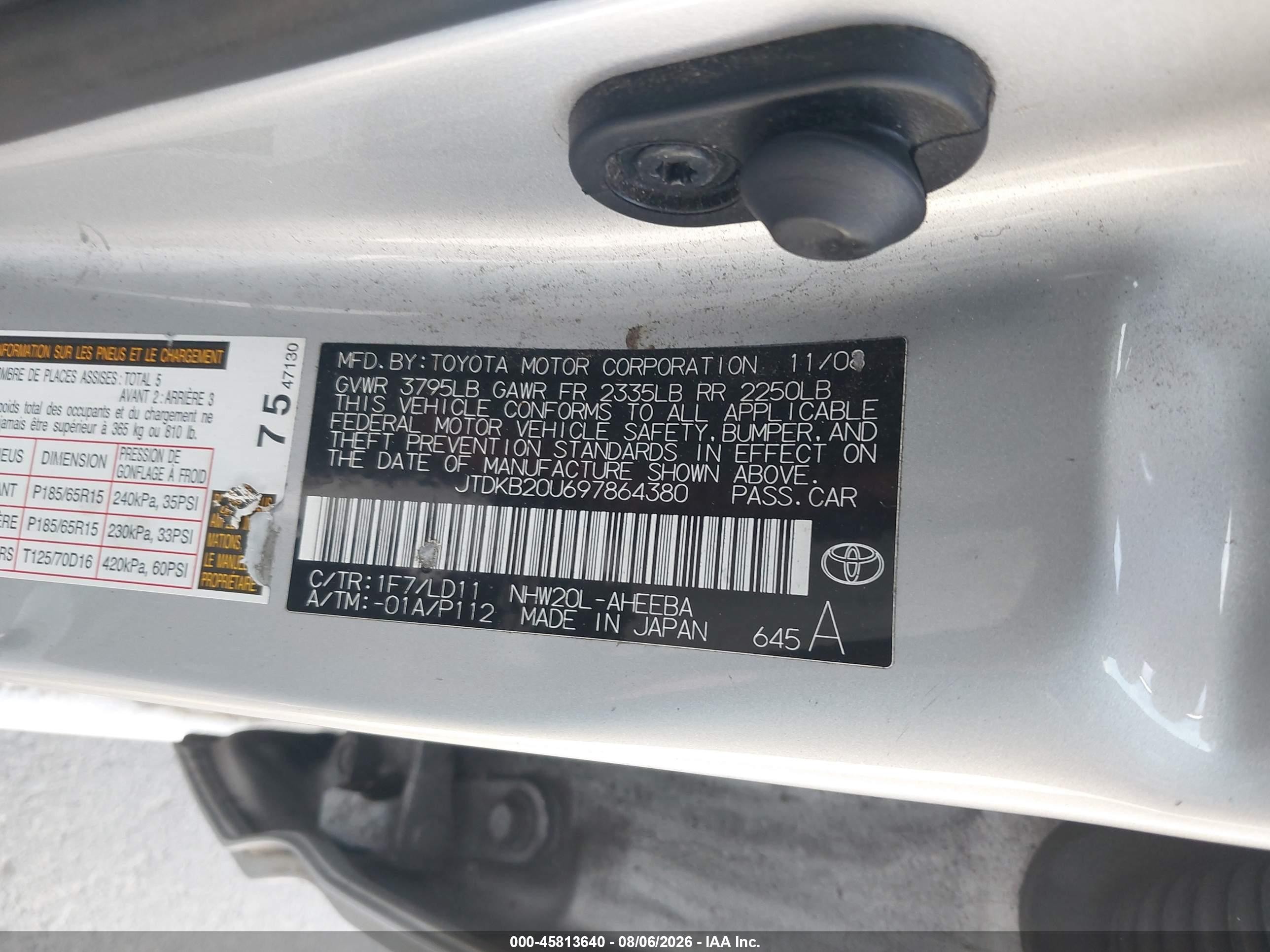 2009 Toyota Prius Silver vin: JTDKB20U697864380