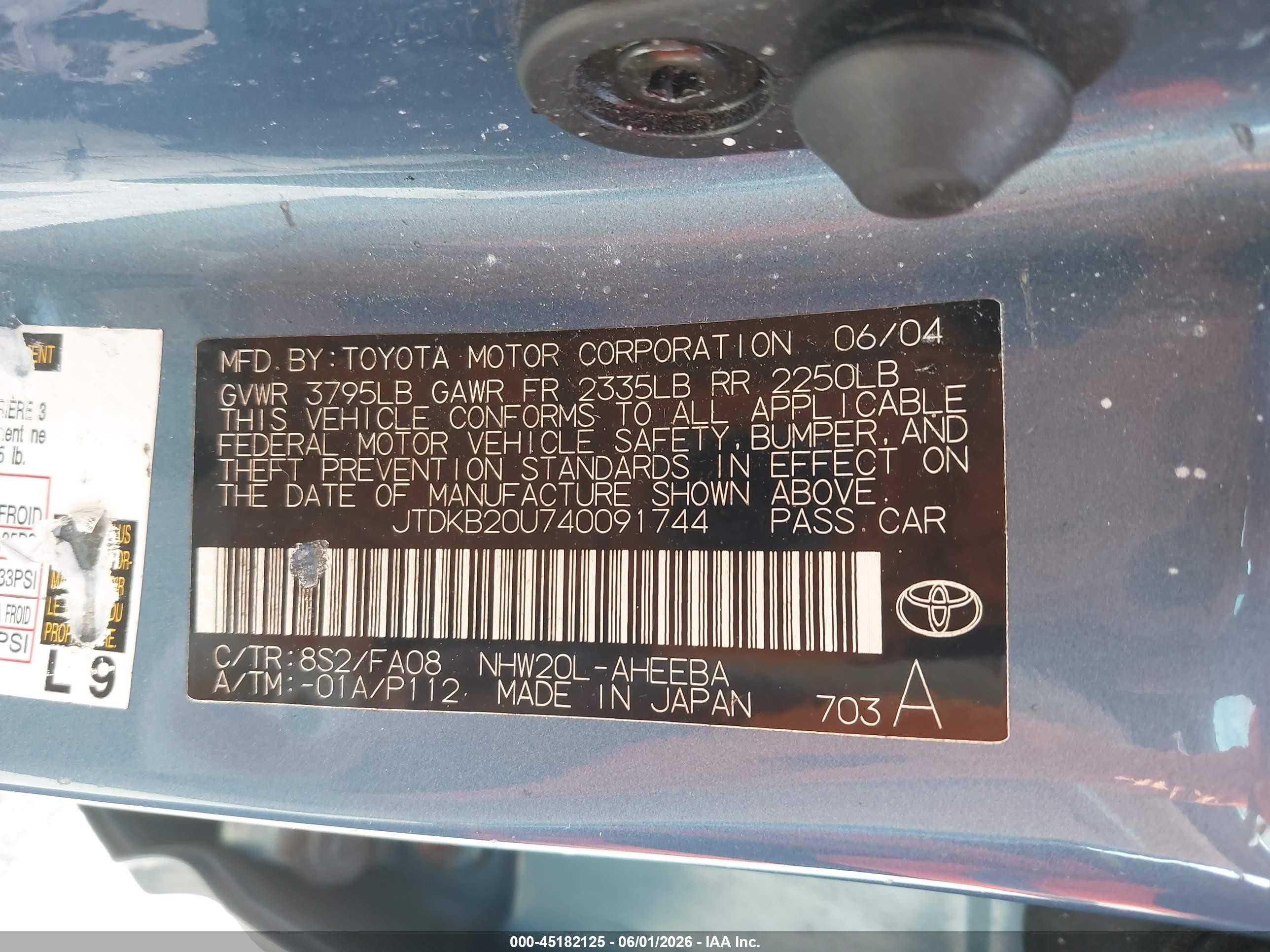 2004 Toyota Prius Blue vin: JTDKB20U740091744
