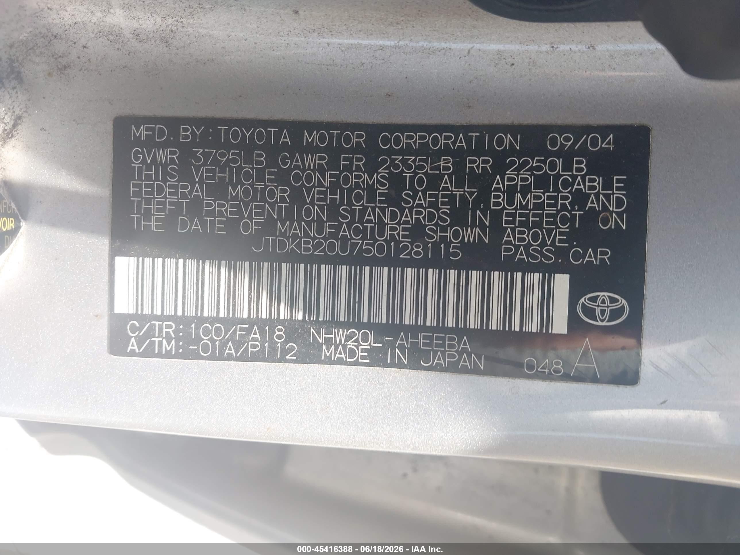 2005 Toyota Prius   Gray vin: JTDKB20U750128115