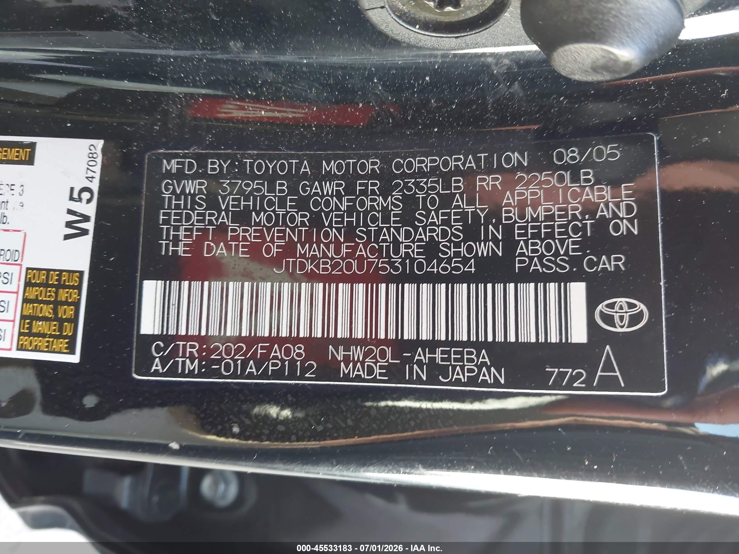 2005 Toyota Prius   Black vin: JTDKB20U753104654