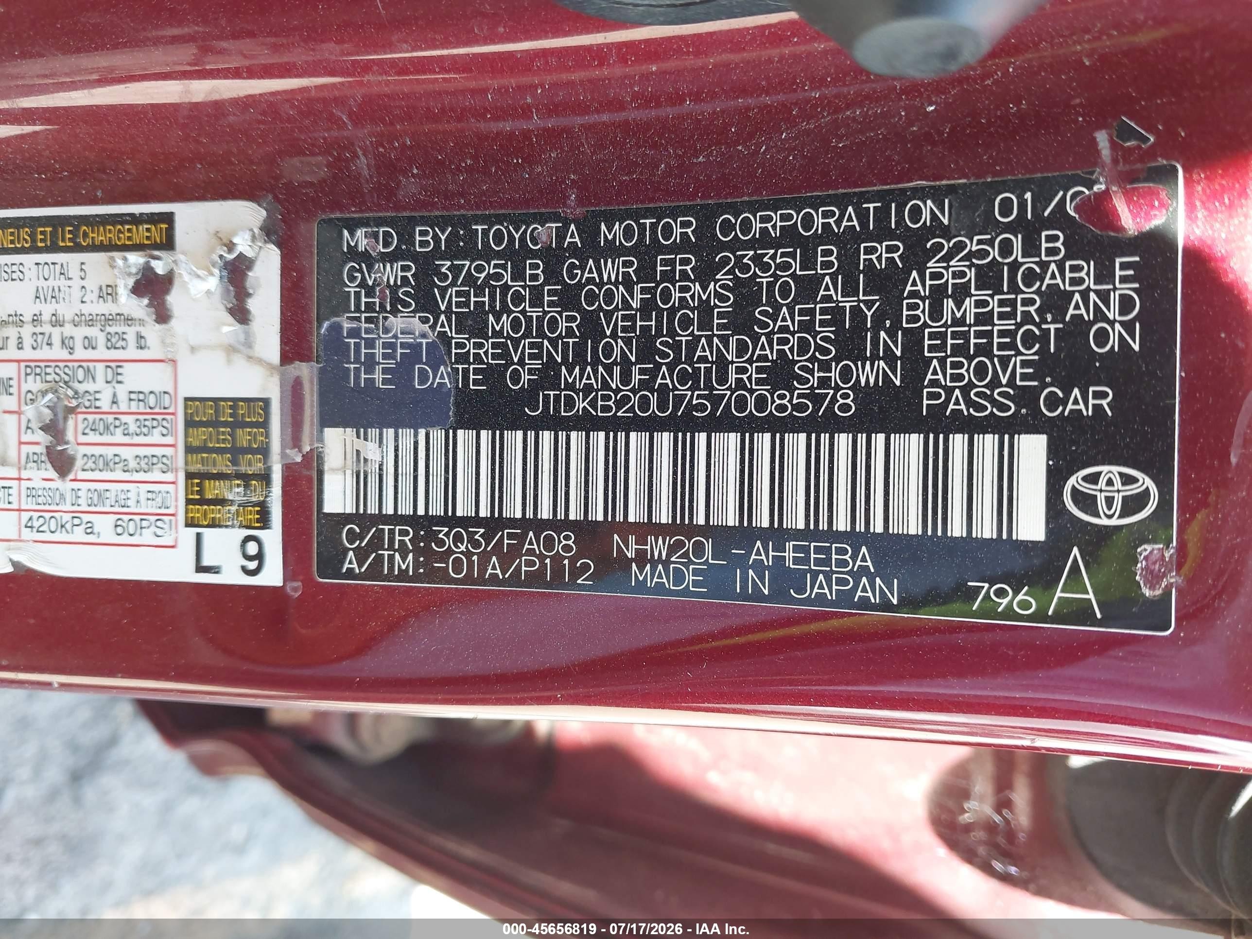 2005 Toyota Prius   Maroon vin: JTDKB20U757008578