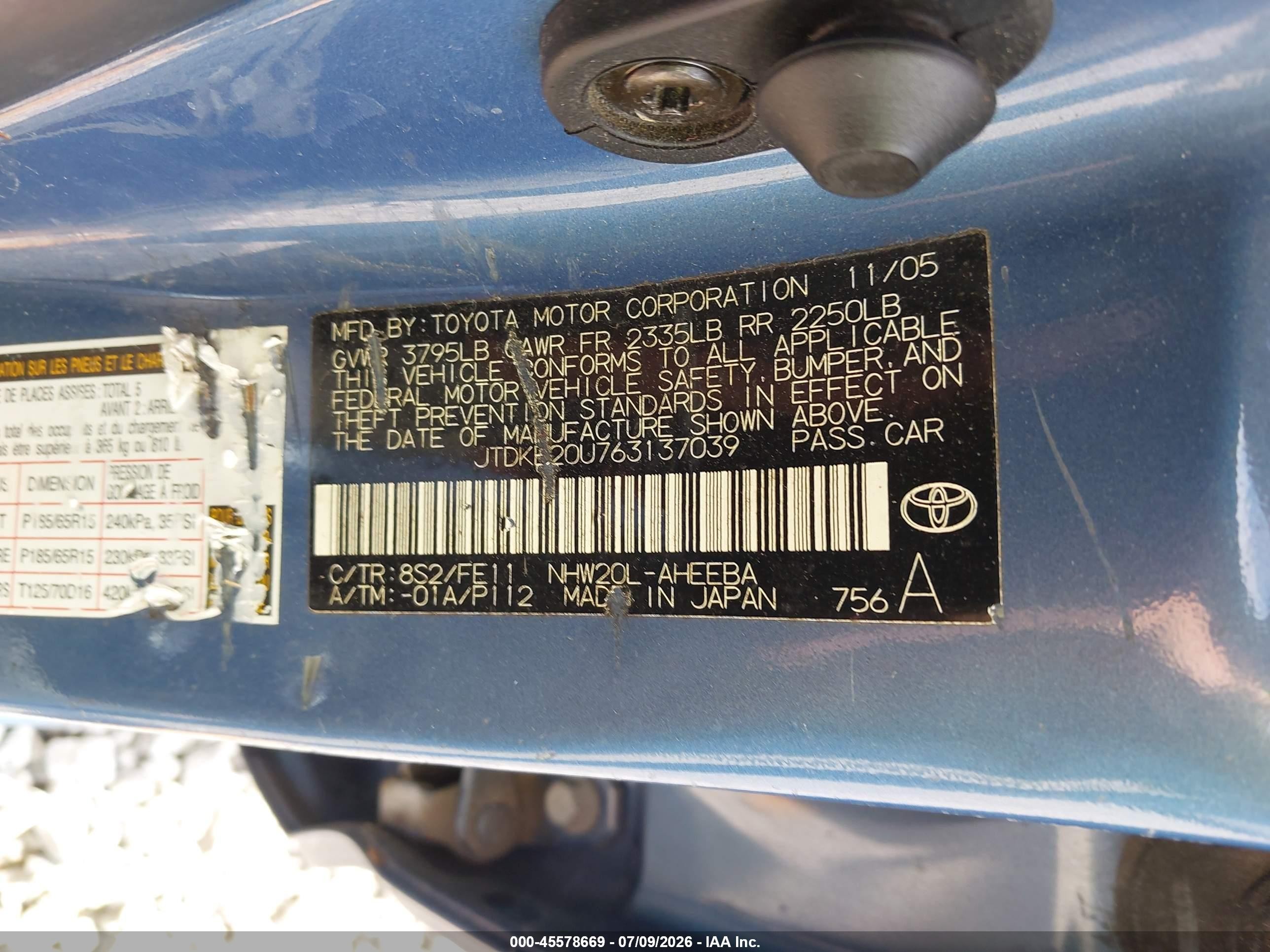 2006 Toyota Prius   Blue vin: JTDKB20U763137039