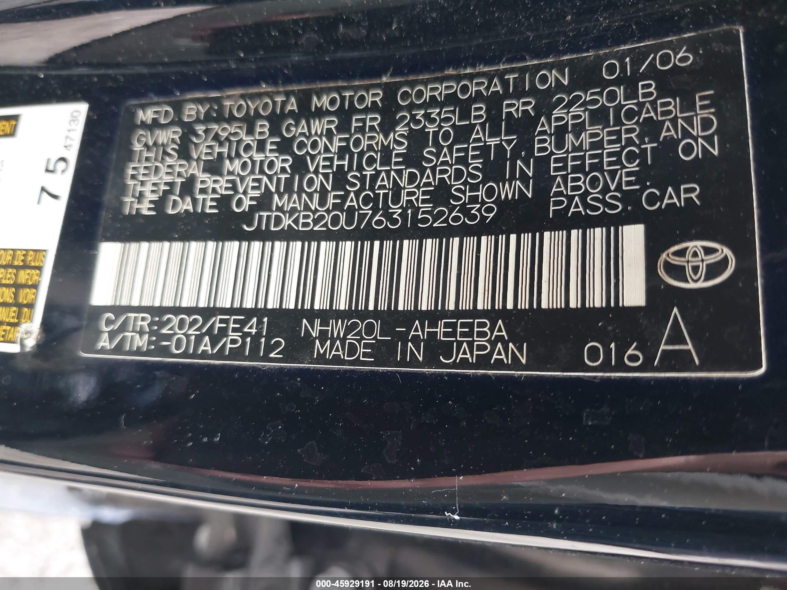 2006 Toyota Prius   Black vin: JTDKB20U763152639