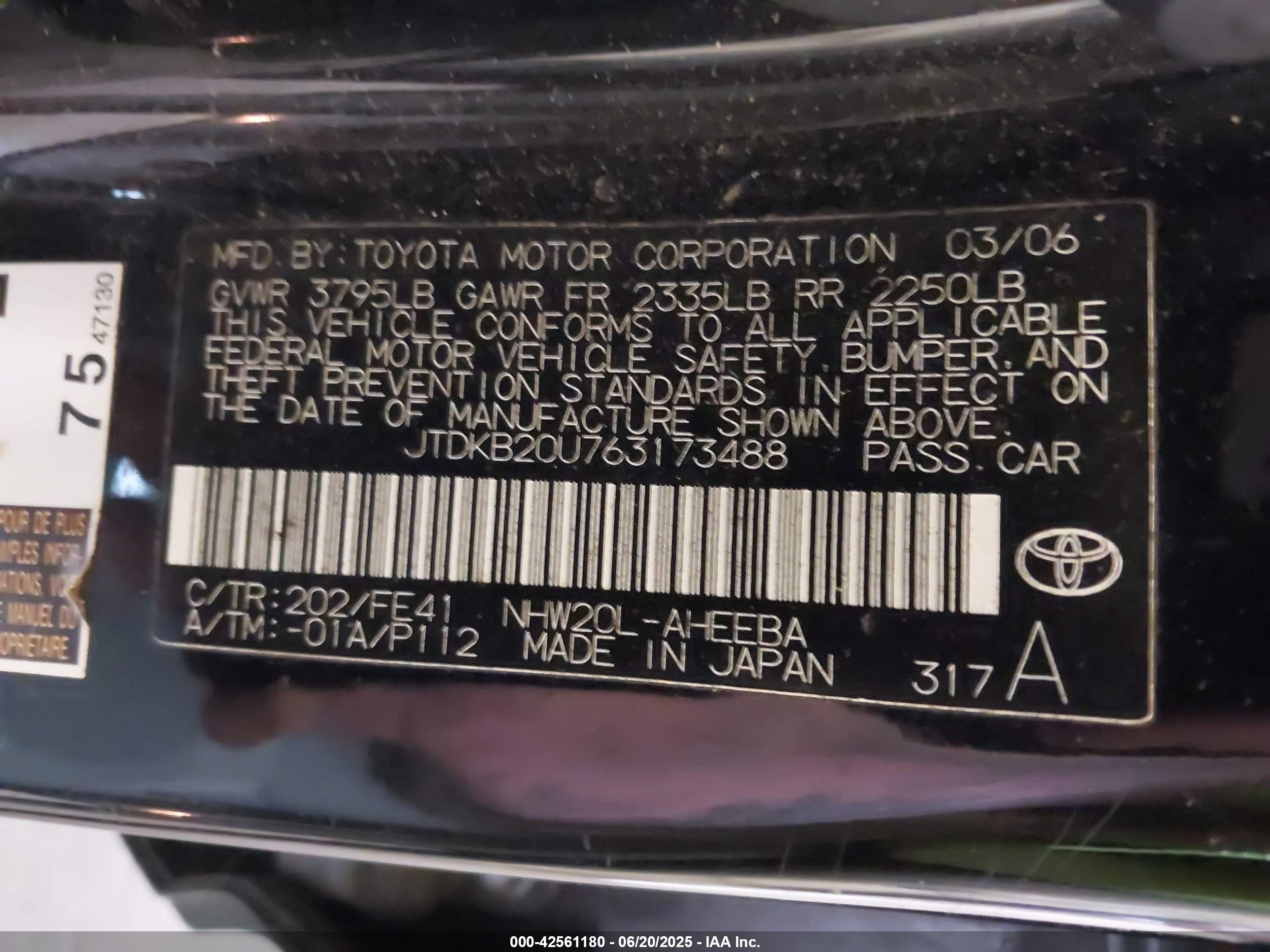 2006 Toyota Prius   Black vin: JTDKB20U763173488
