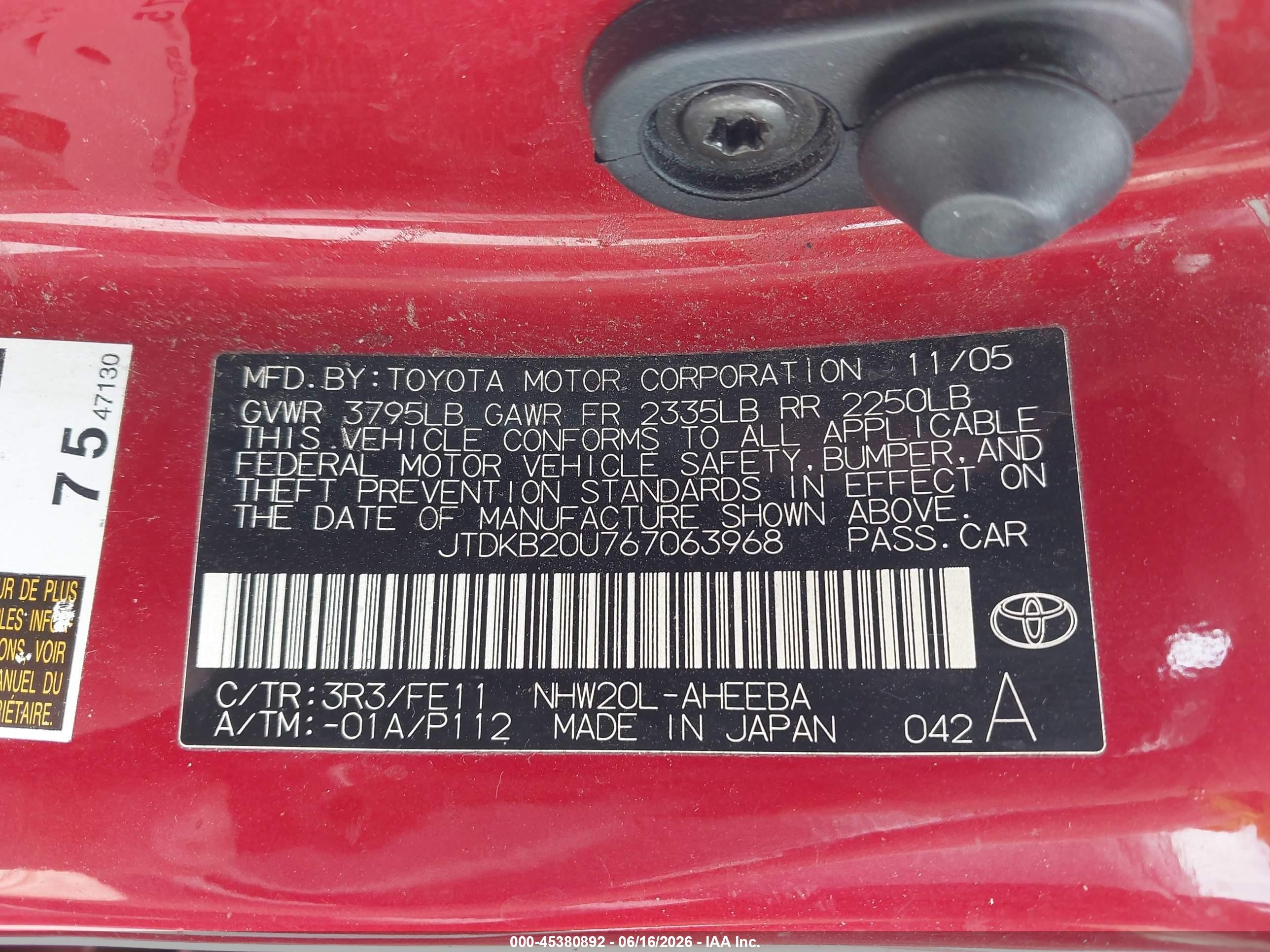 2006 Toyota Prius   Red vin: JTDKB20U767063968