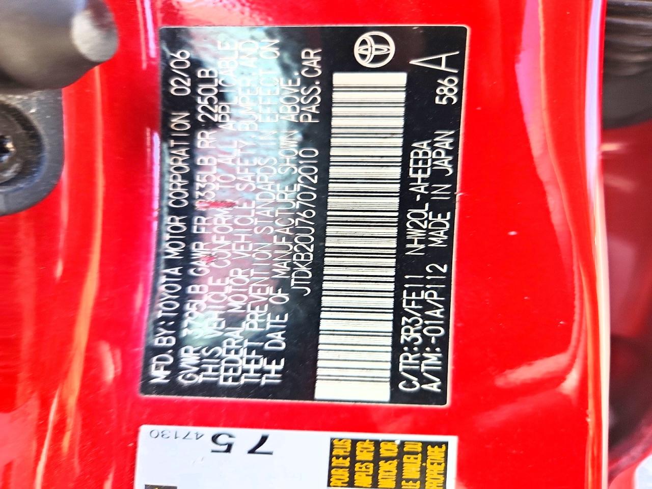 2006 Toyota Prius Base Red vin: JTDKB20U767072010