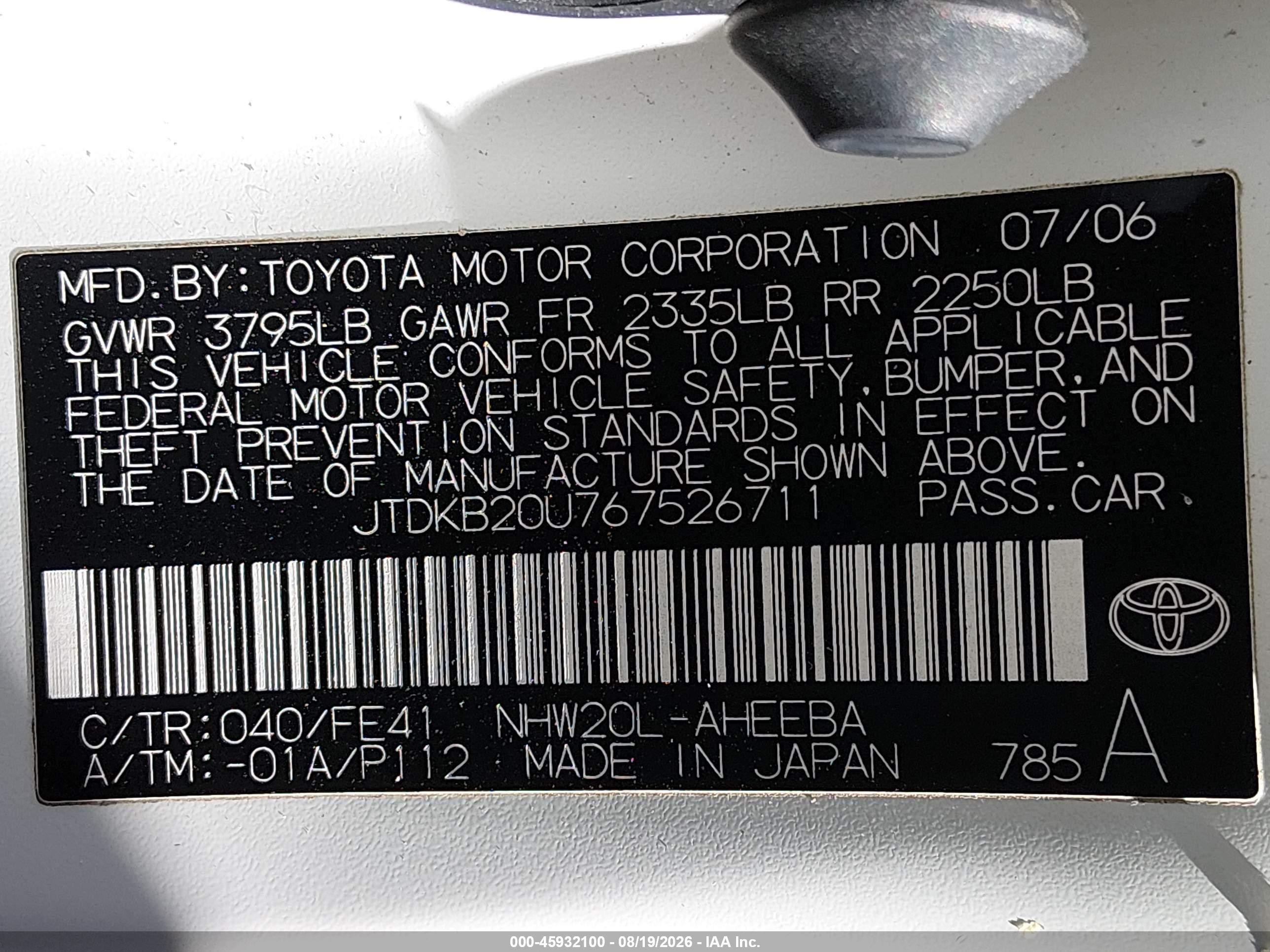 2006 Toyota Prius   White vin: JTDKB20U767526711