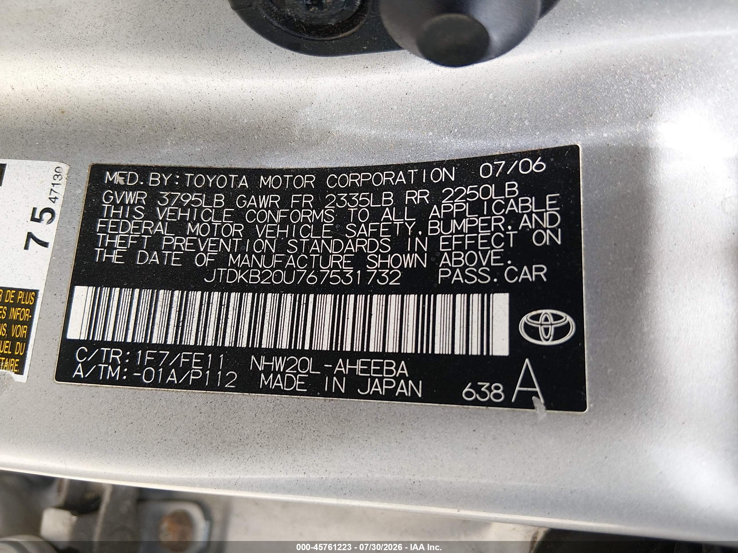 2006 Toyota Prius Gray vin: JTDKB20U767531732