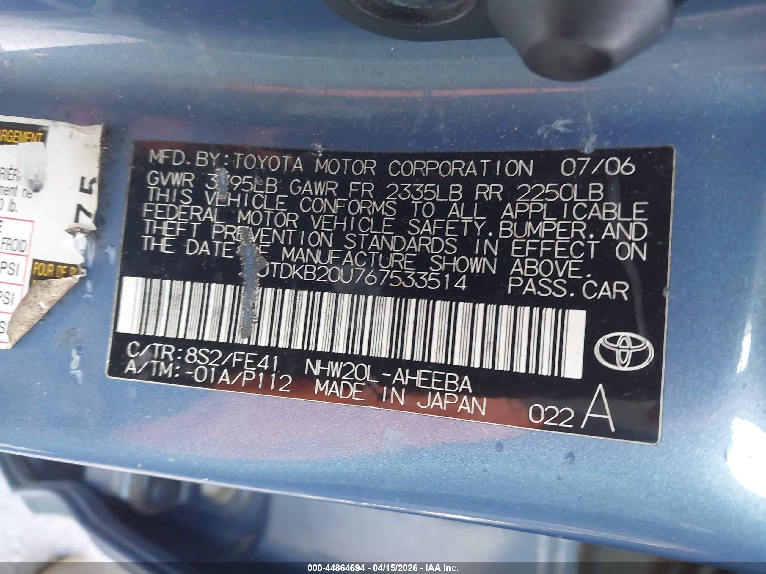 2006 Toyota Prius   Light Blue vin: JTDKB20U767533514