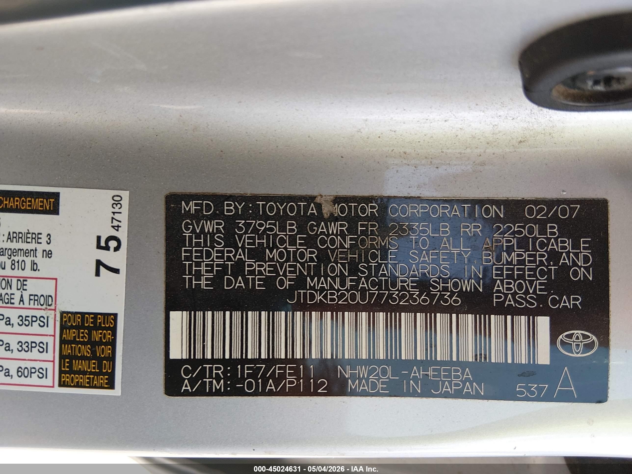2007 Toyota Prius   Silver vin: JTDKB20U773236736