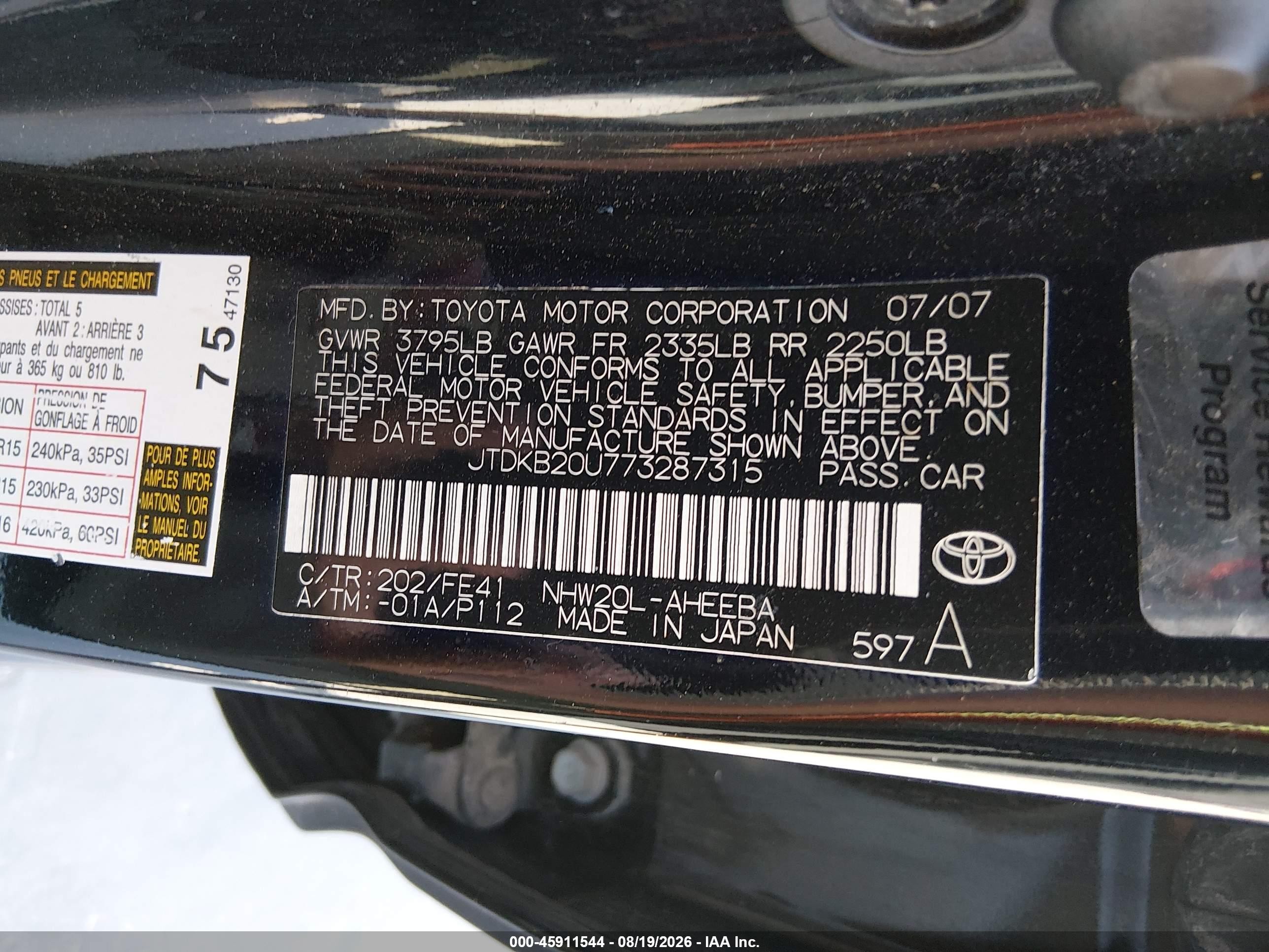 2007 Toyota Prius   Black vin: JTDKB20U773287315