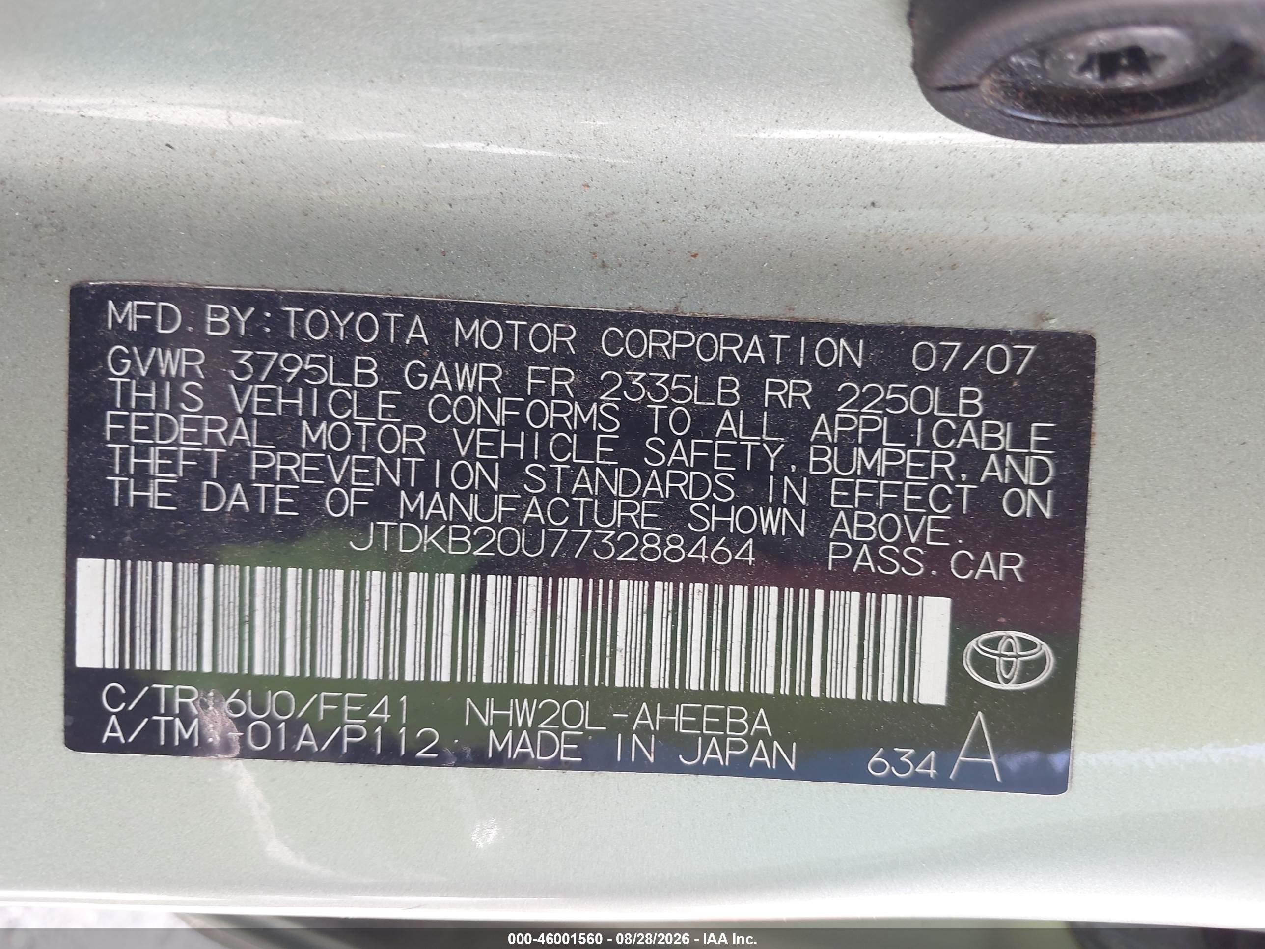 2007 Toyota Prius   Green vin: JTDKB20U773288464