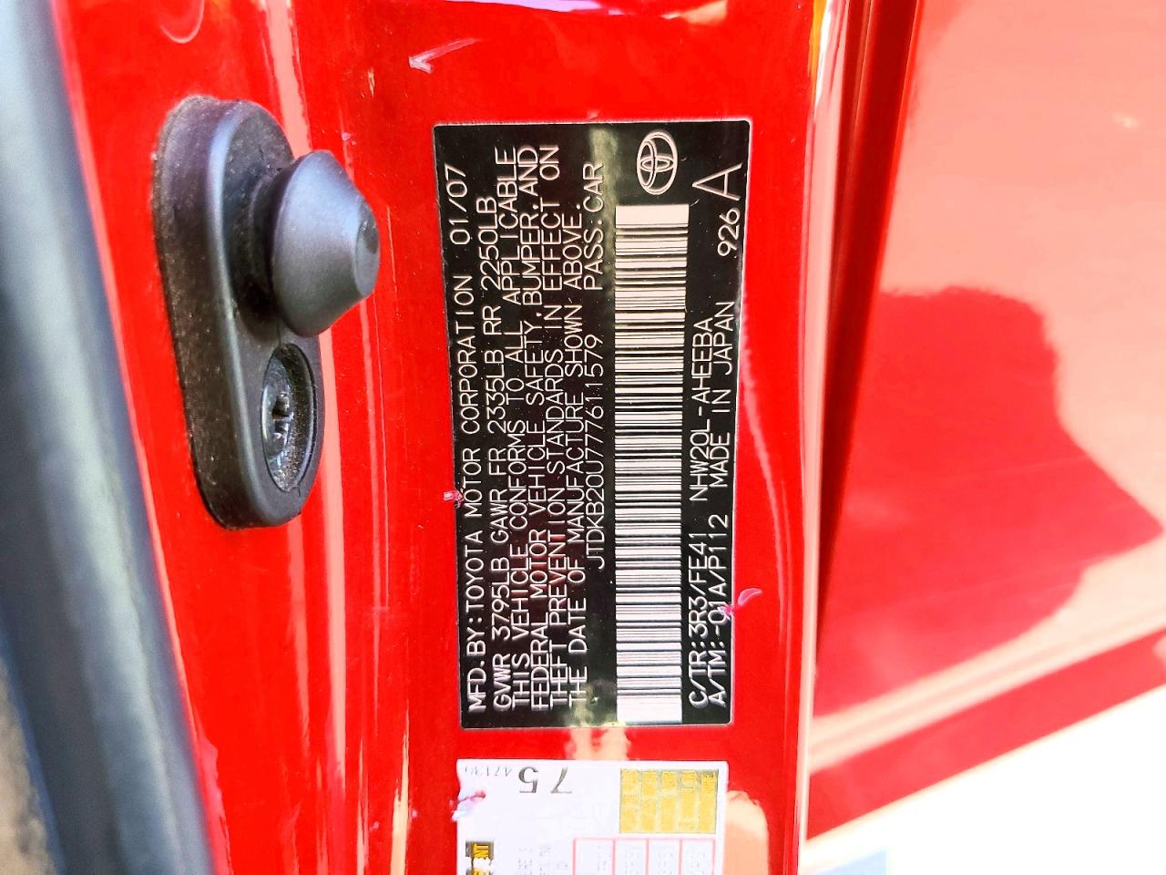 2007 Toyota Prius Base Red vin: JTDKB20U777611579