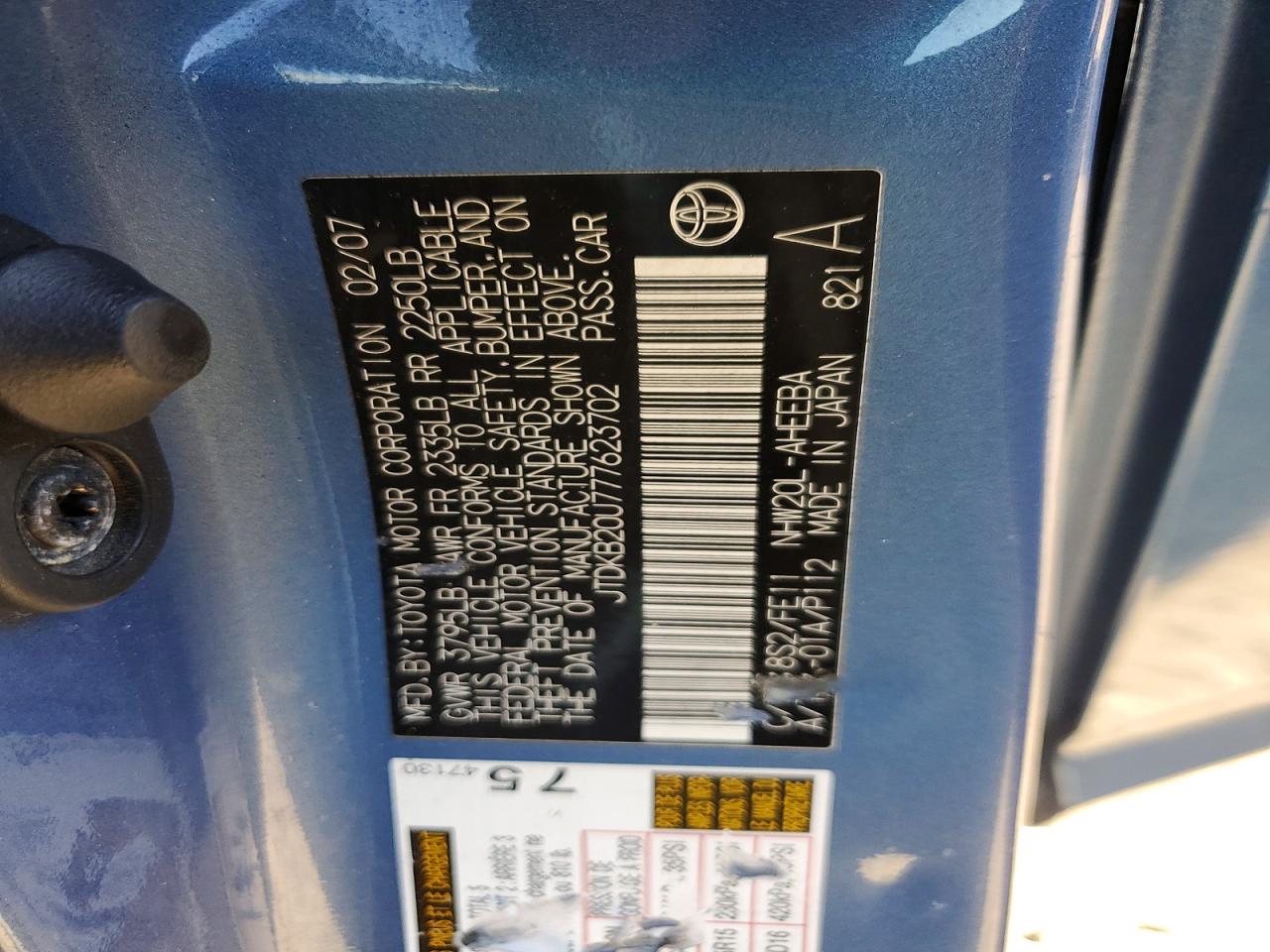 2007 Toyota Prius Blue vin: JTDKB20U777623702