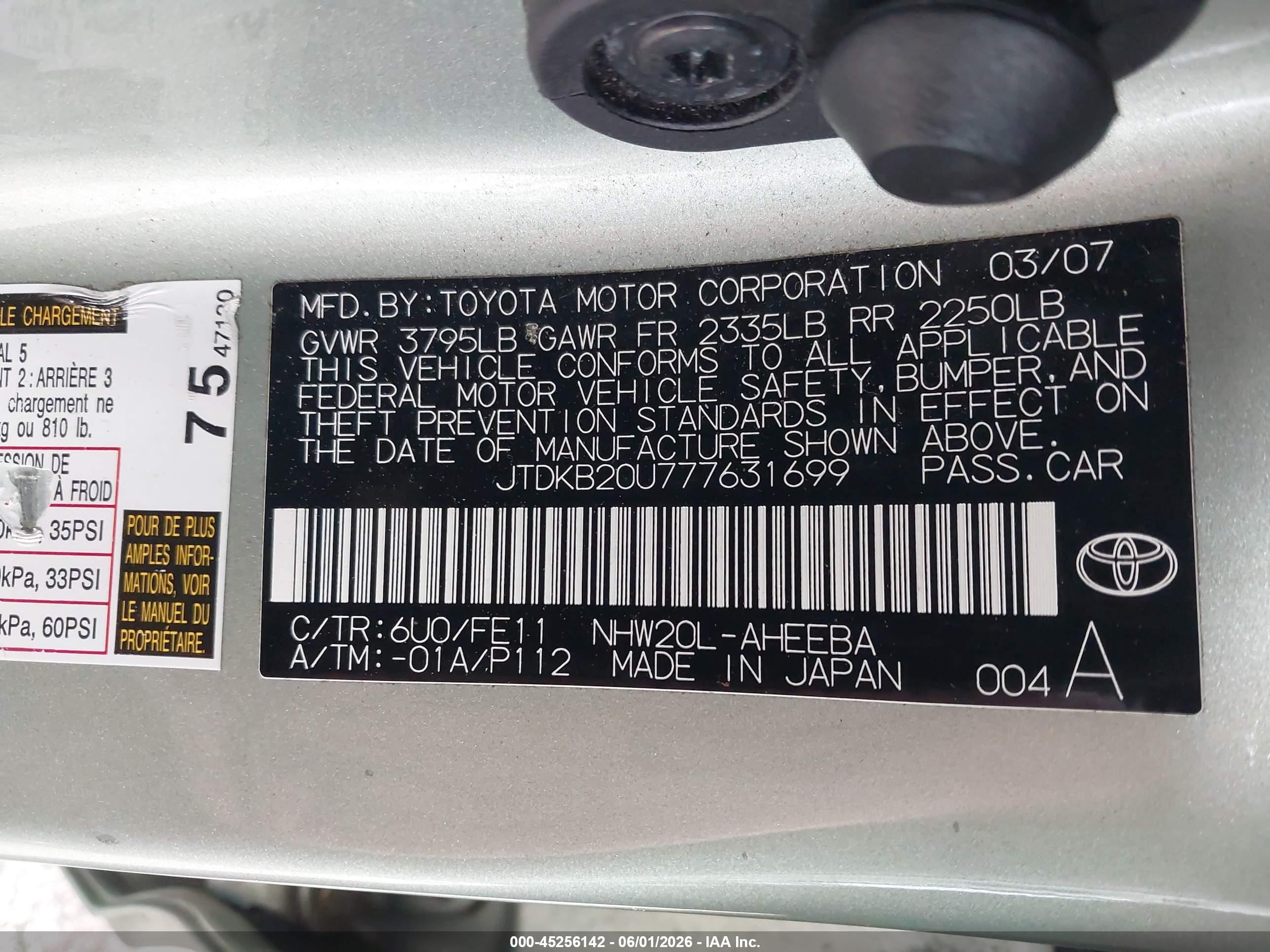 2007 Toyota Prius   Green vin: JTDKB20U777631699