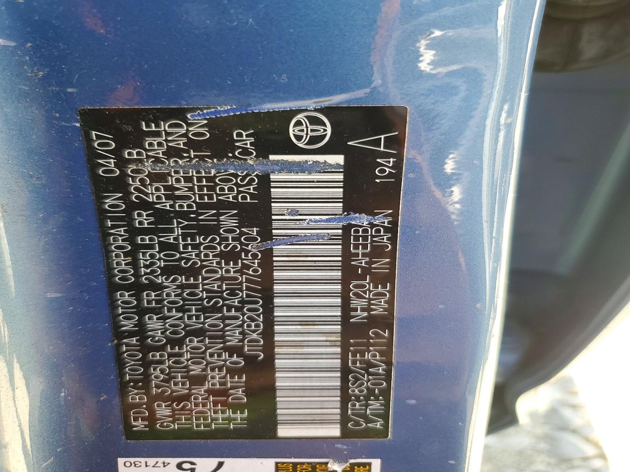 2007 Toyota Prius Base Blue vin: JTDKB20U777645604