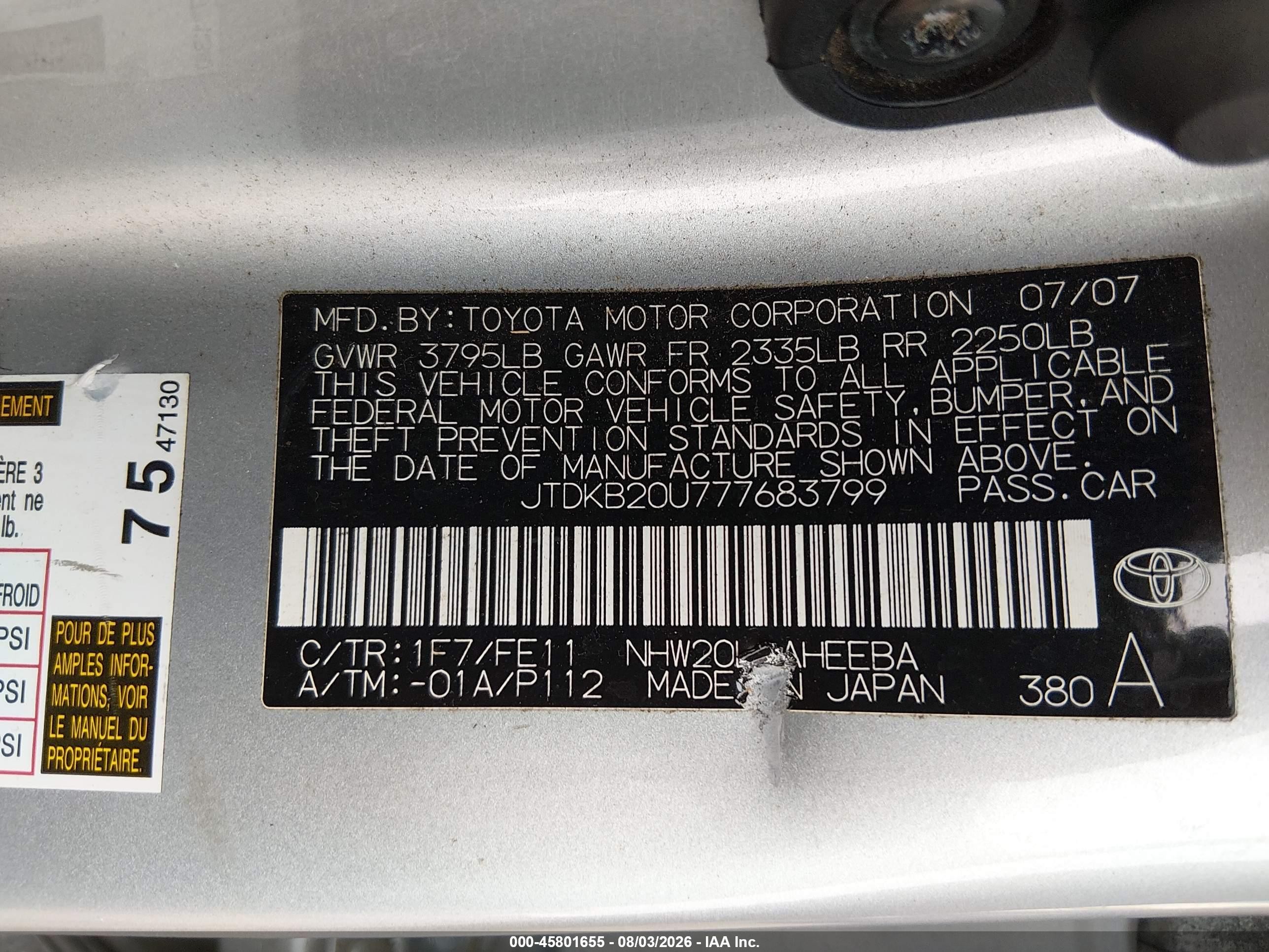 2007 Toyota Prius   Silver vin: JTDKB20U777683799