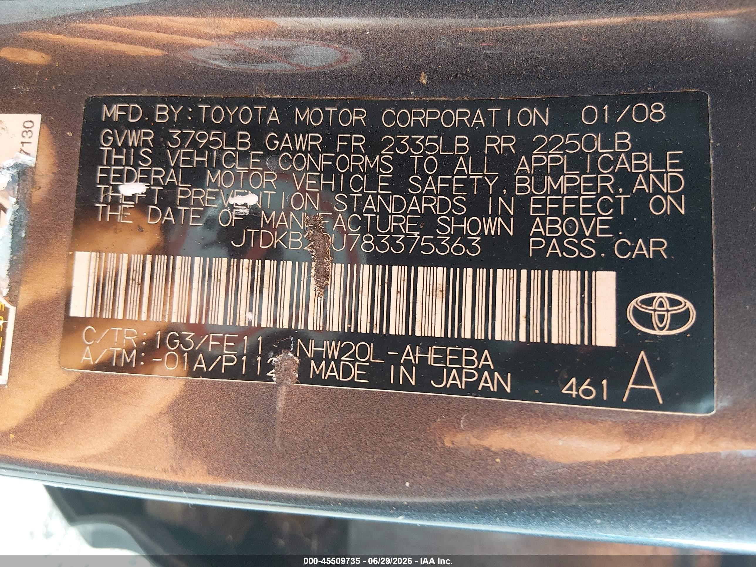 2008 Toyota Prius   Gray vin: JTDKB20U783375363