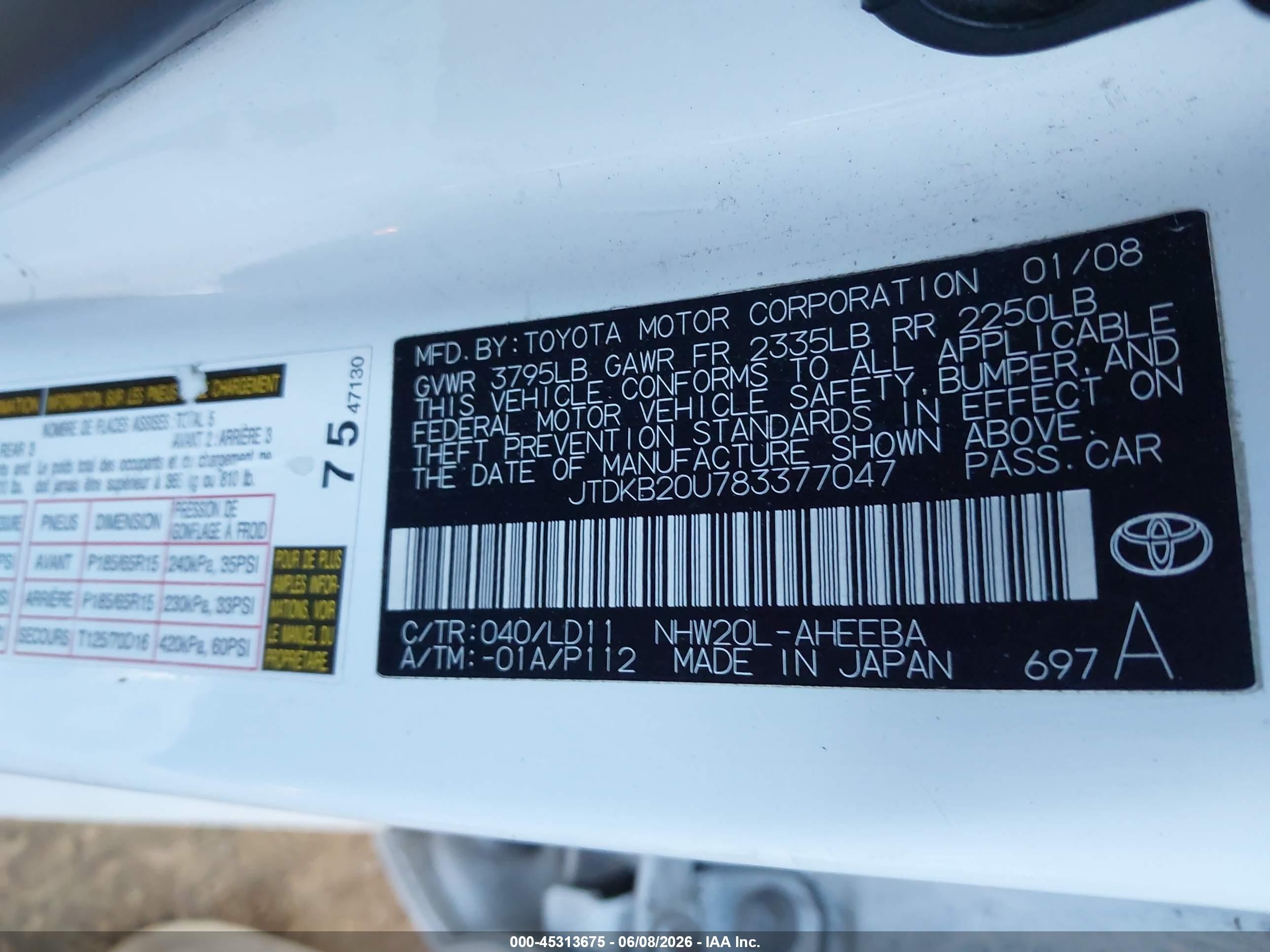 2008 Toyota Prius   White vin: JTDKB20U783377047