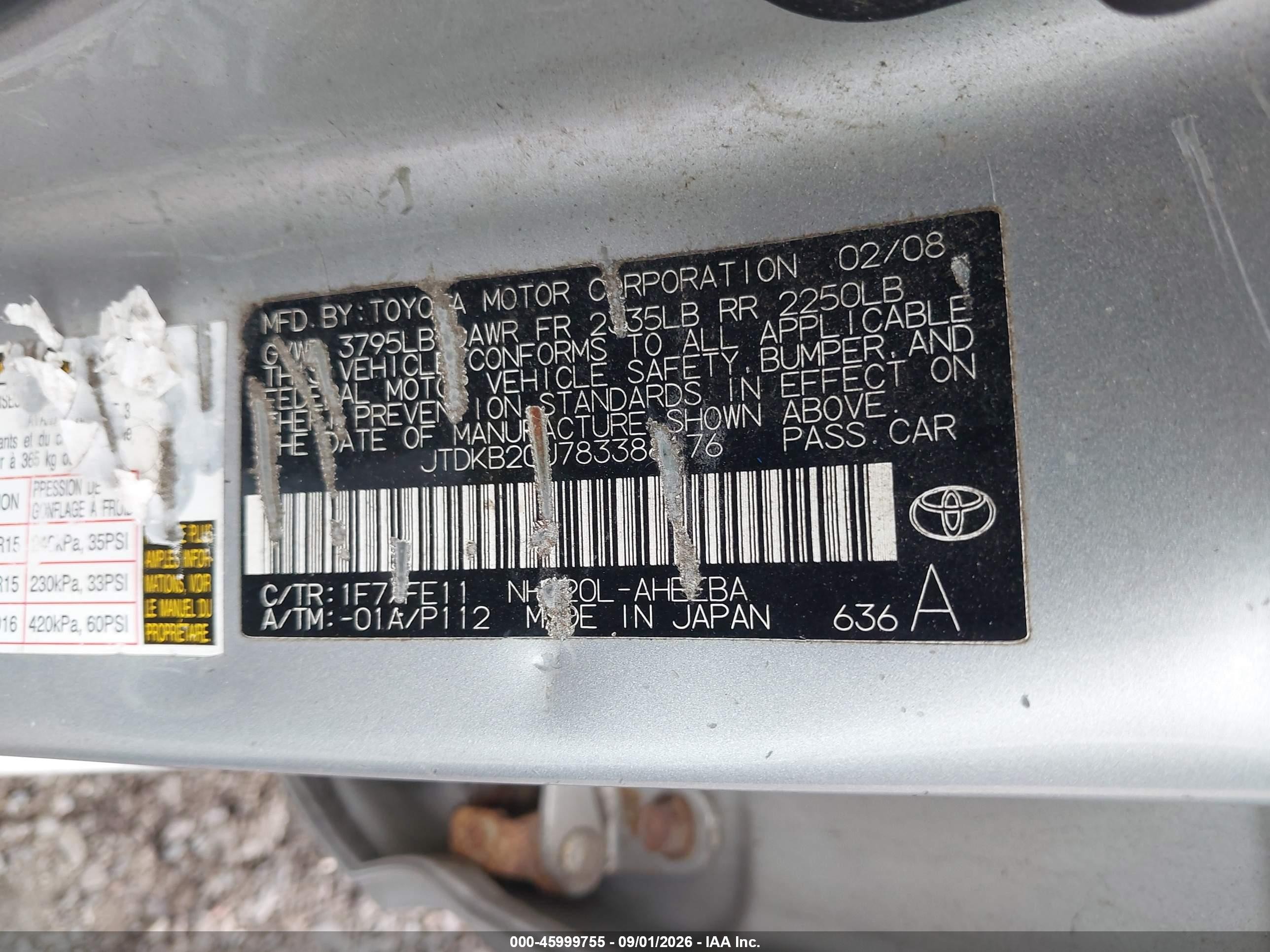 2008 Toyota Prius   Silver vin: JTDKB20U783388176