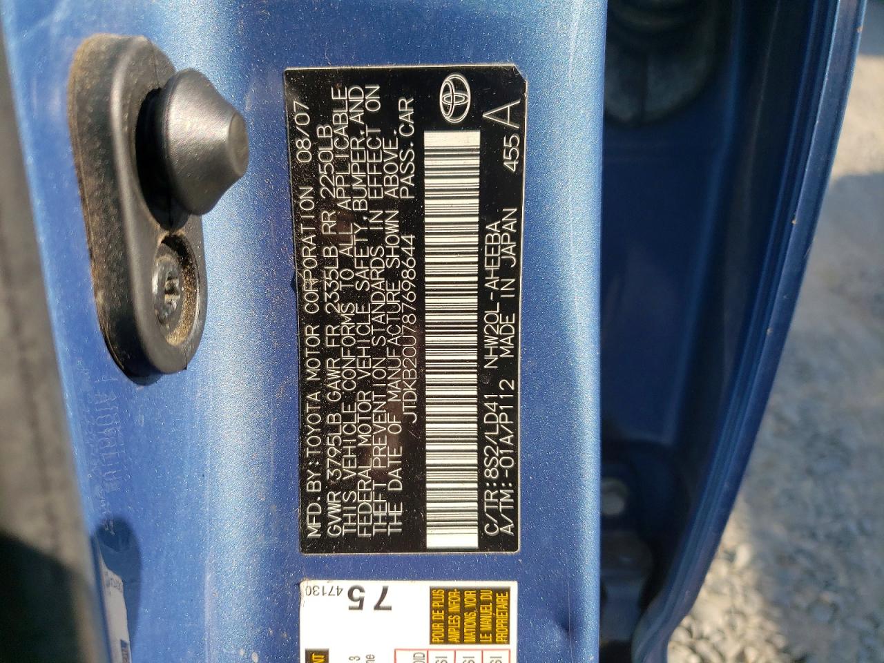2008 Toyota Prius Base Blue vin: JTDKB20U787698644