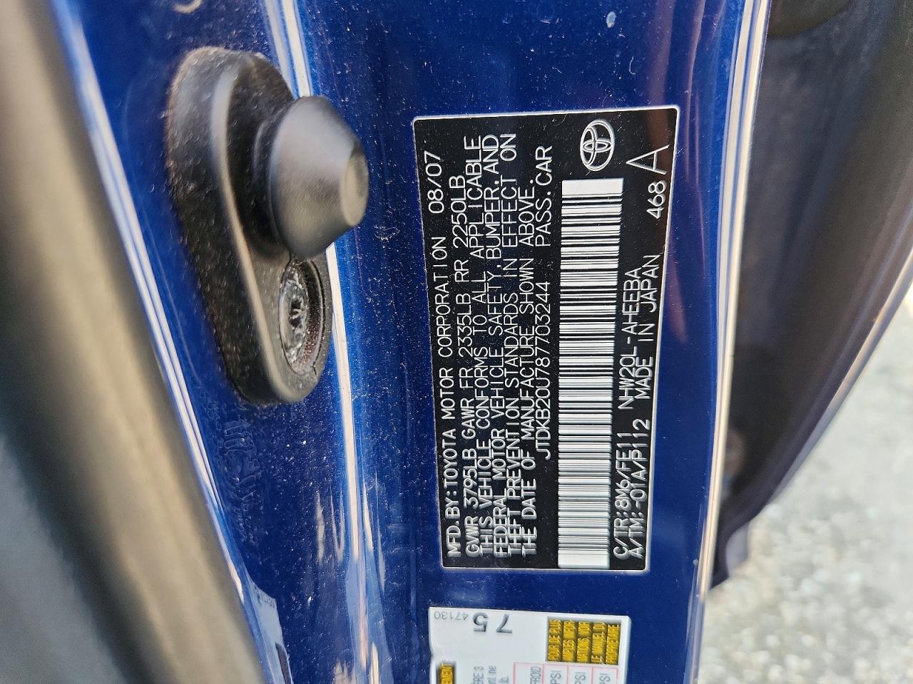 2008 Toyota Prius Base Blue vin: JTDKB20U787703244