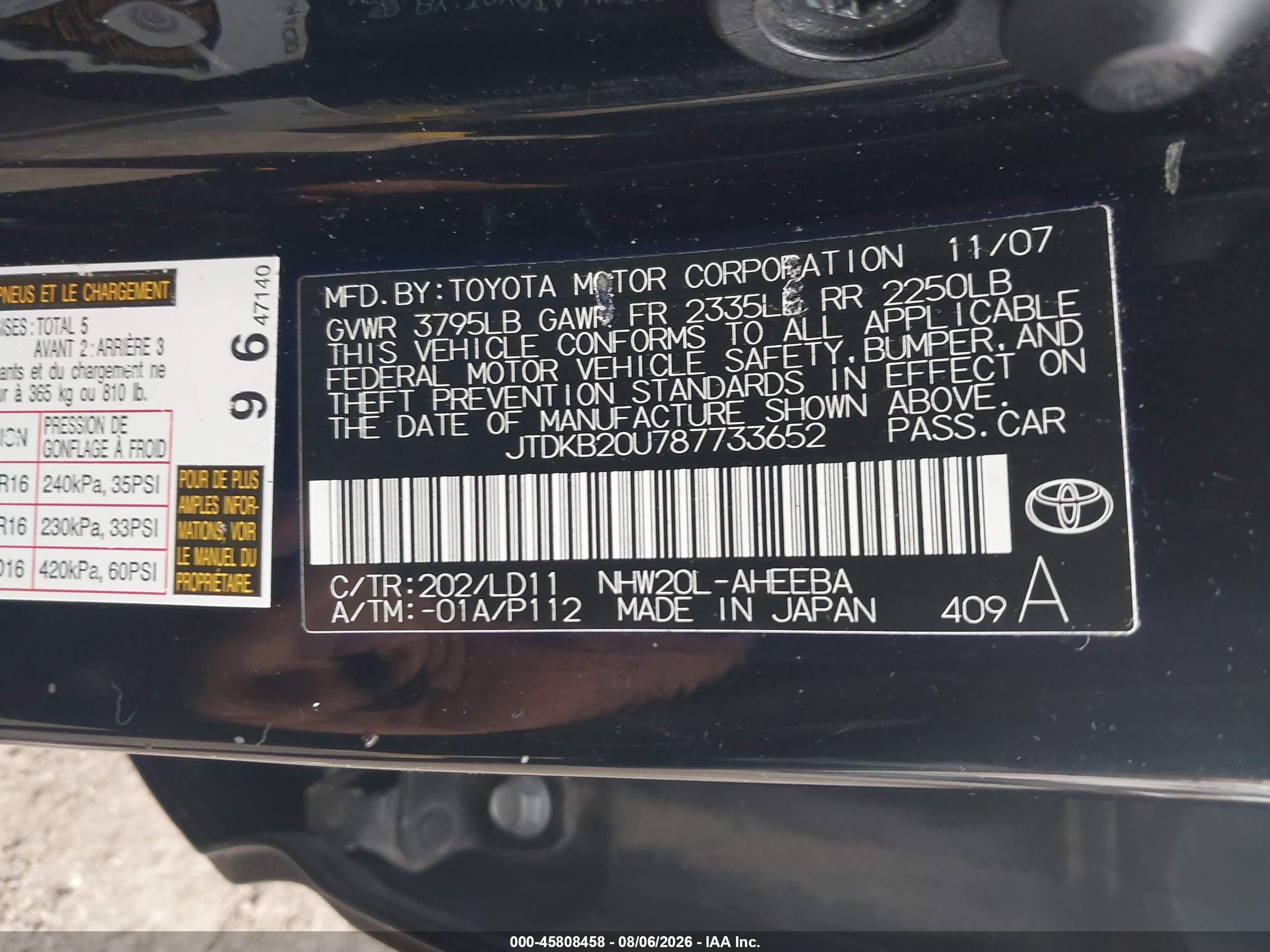 2008 Toyota Prius Touring Black vin: JTDKB20U787733652