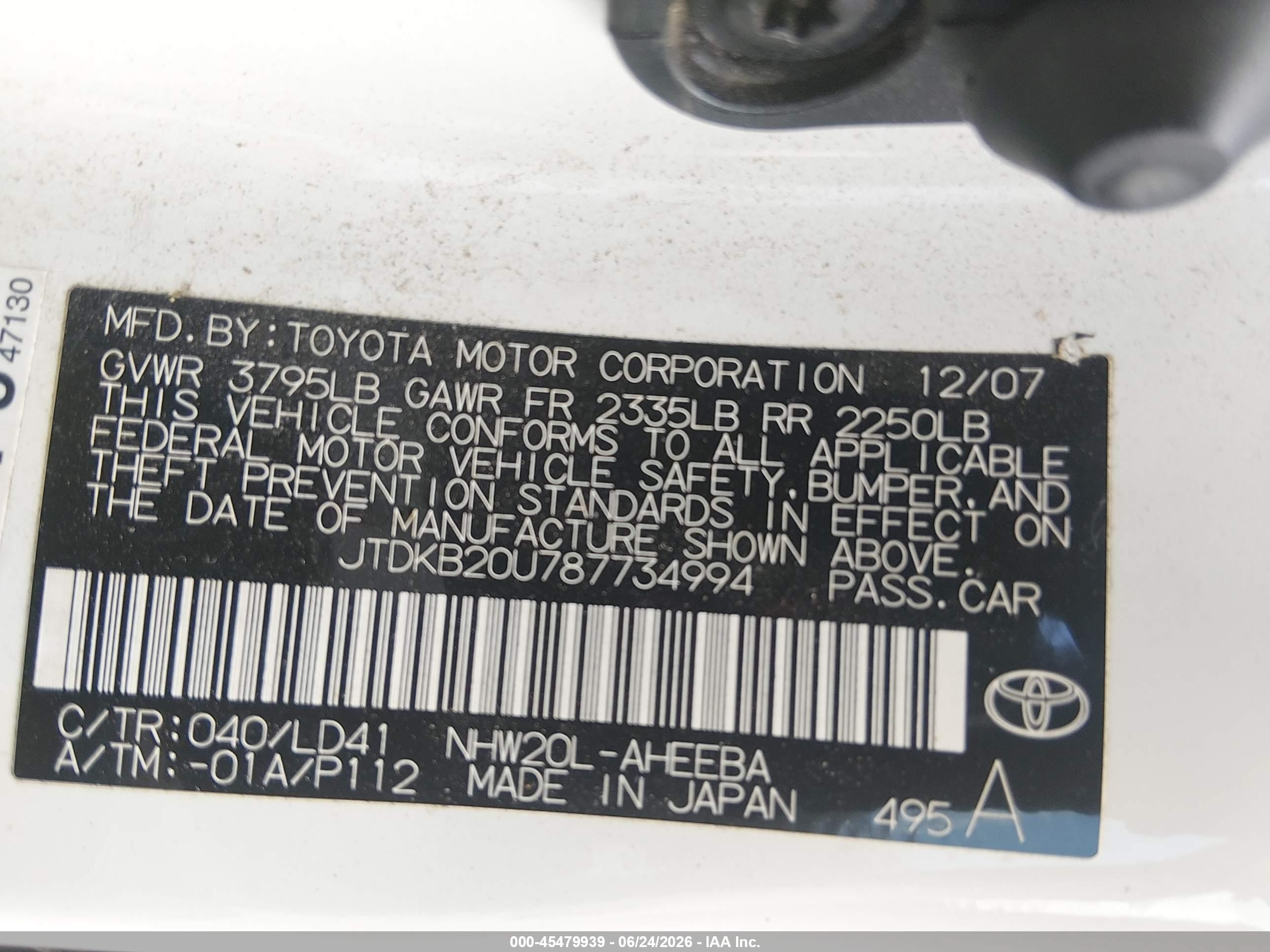 2008 Toyota Prius   White vin: JTDKB20U787734994