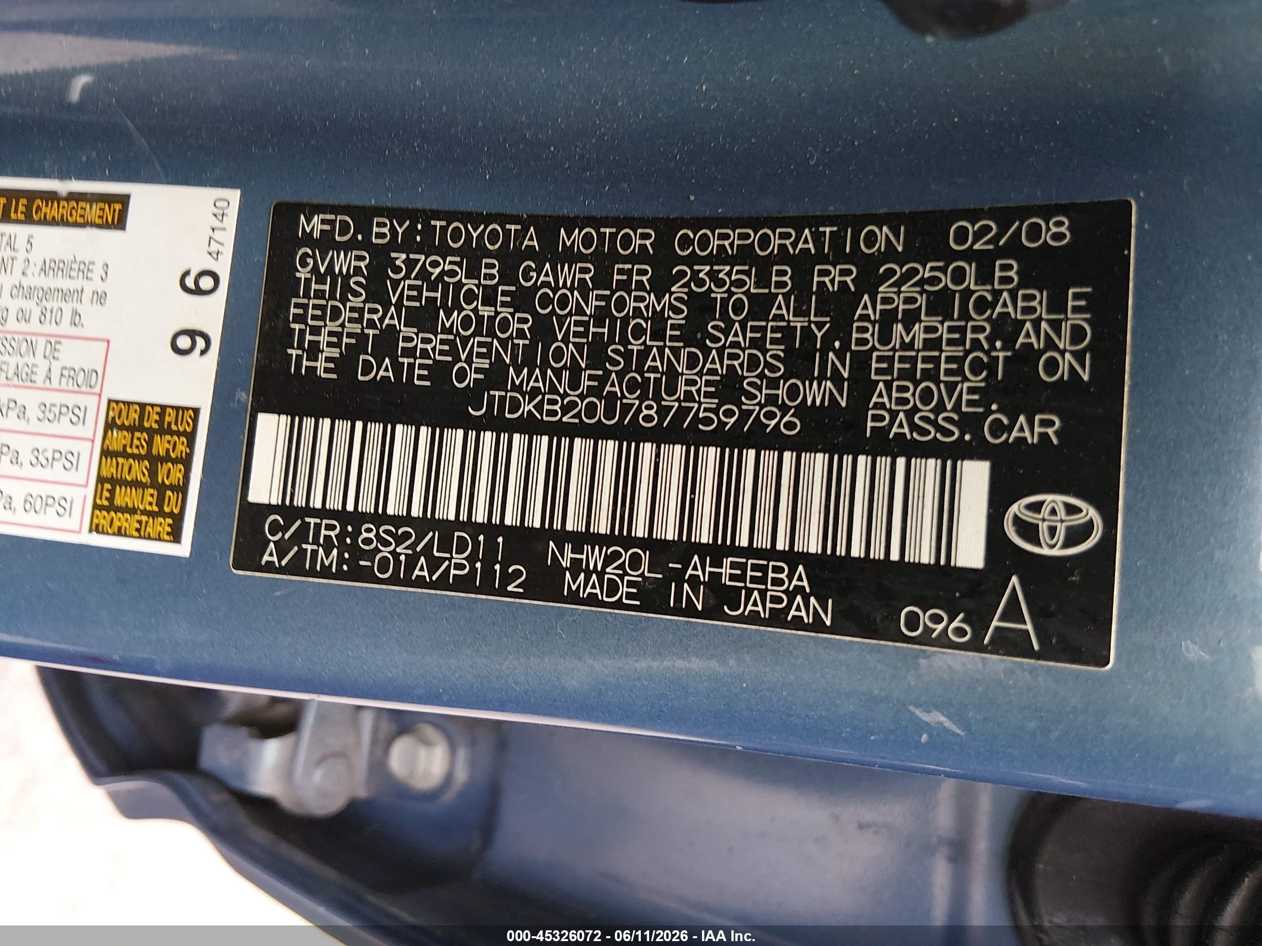 2008 Toyota Prius Touring Blue vin: JTDKB20U787759796