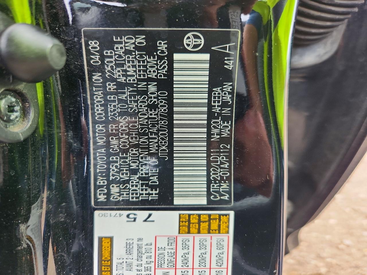 2008 Toyota Prius Base Black vin: JTDKB20U787780910