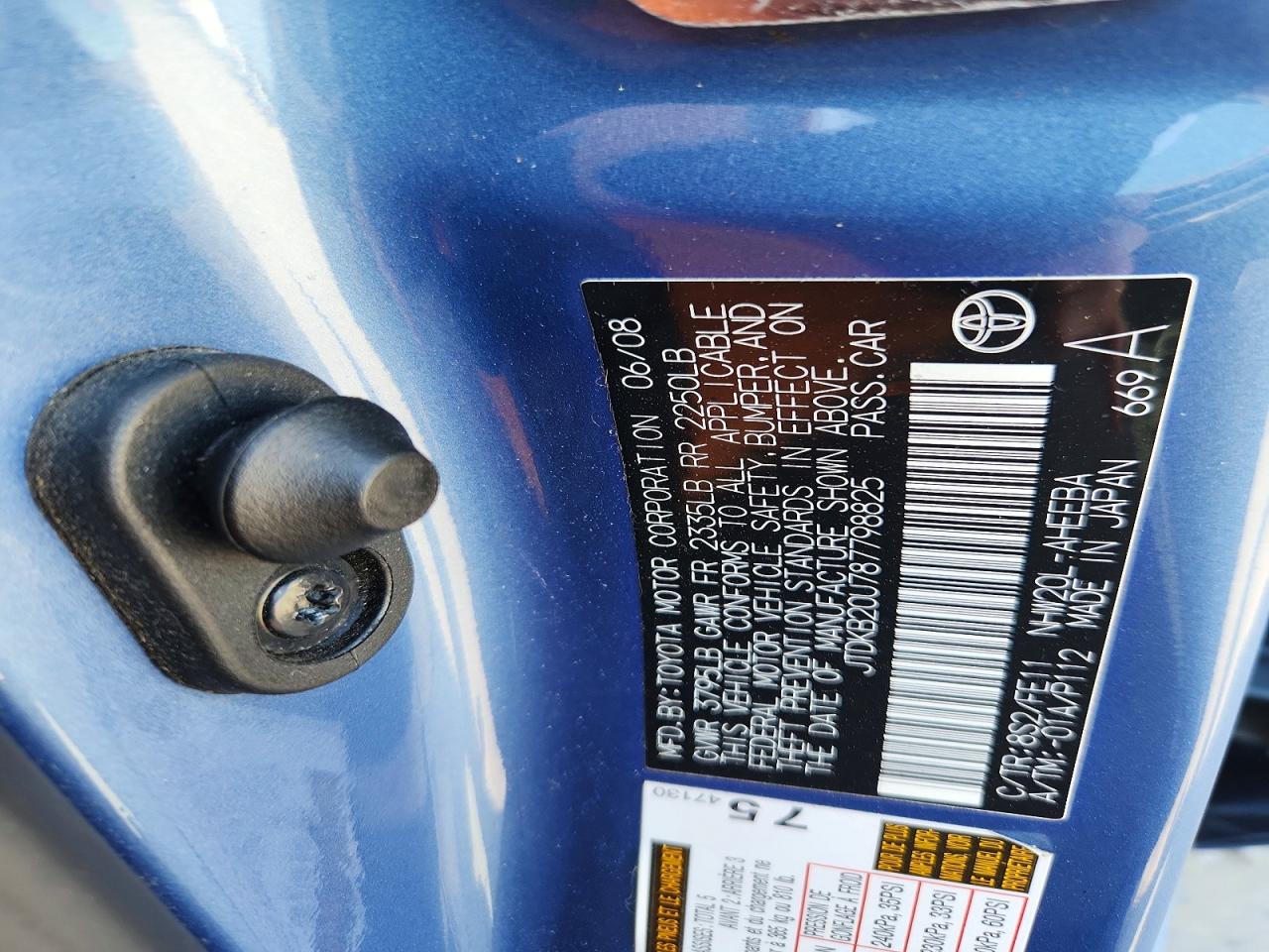 2008 Toyota Prius Base Blue vin: JTDKB20U787798825