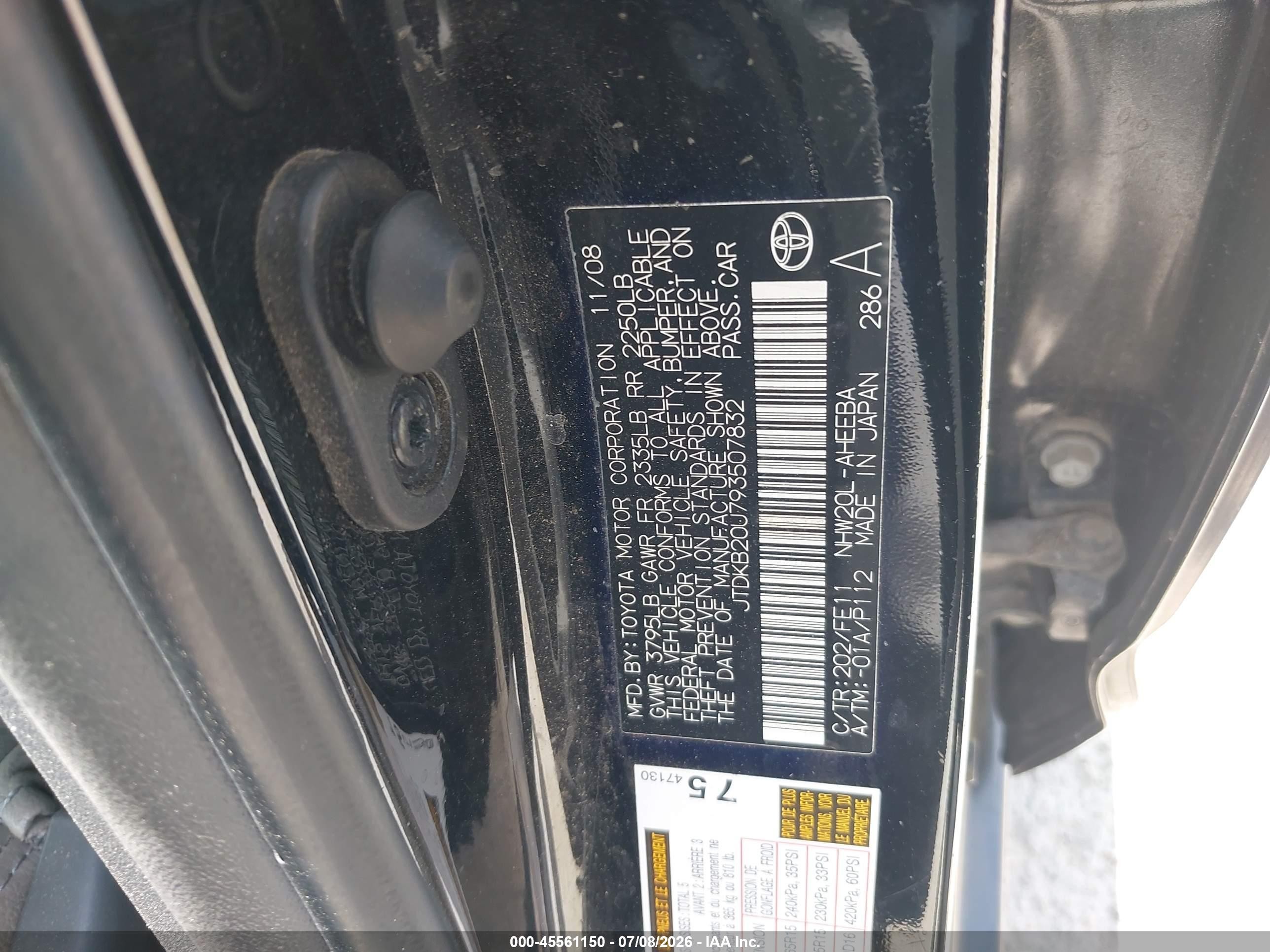 2009 Toyota Prius   Black vin: JTDKB20U793507832