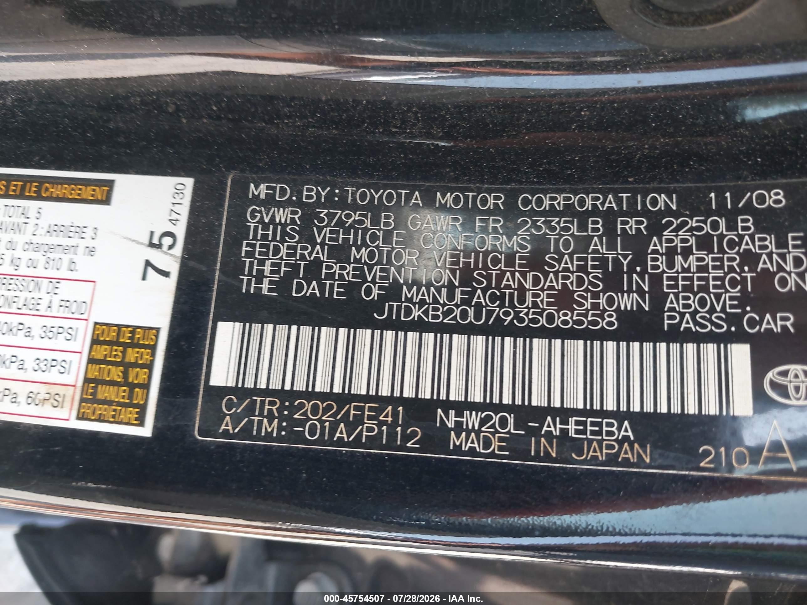 2009 Toyota Prius   Black vin: JTDKB20U793508558