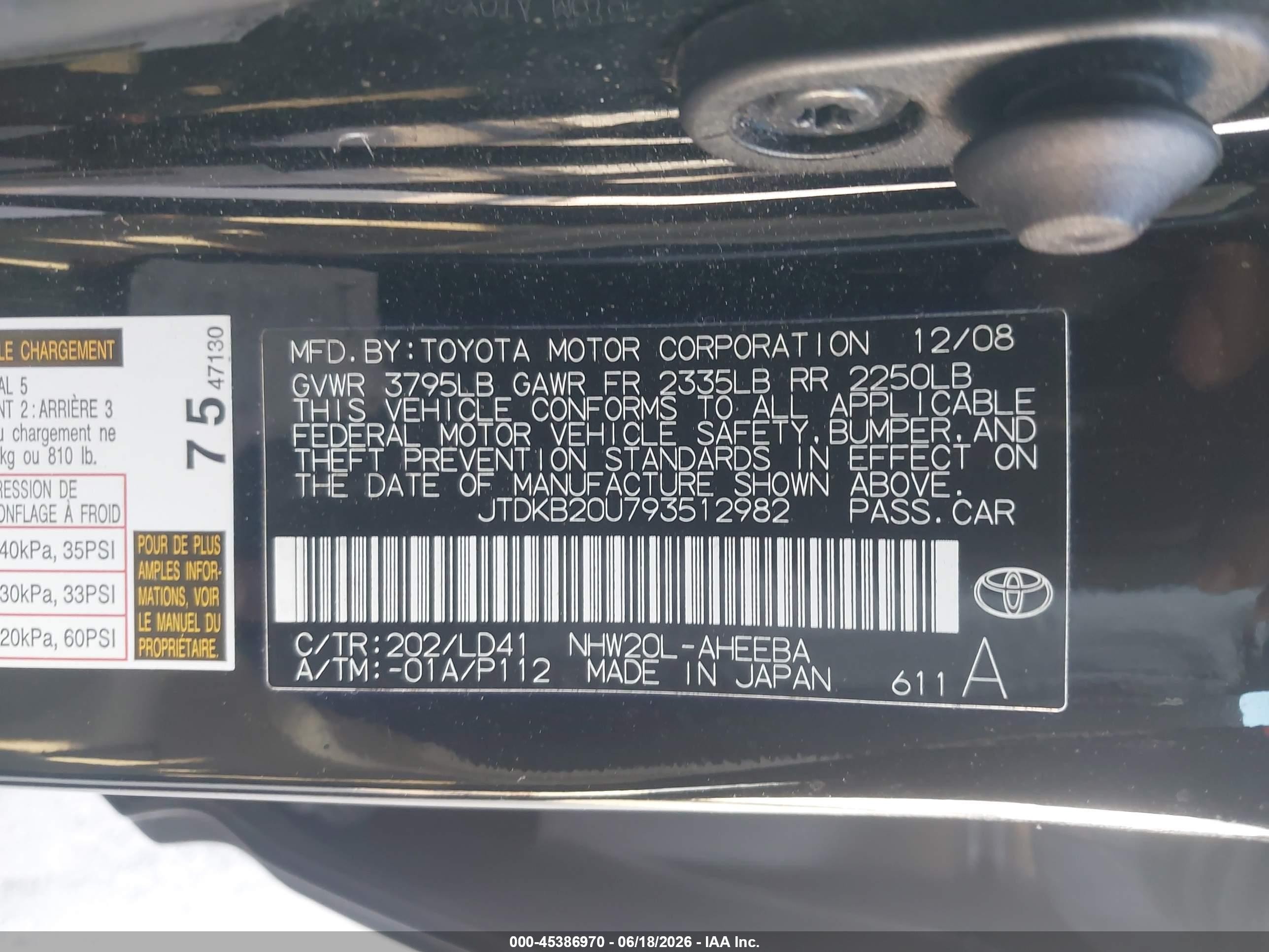 2009 Toyota Prius   Black vin: JTDKB20U793512982