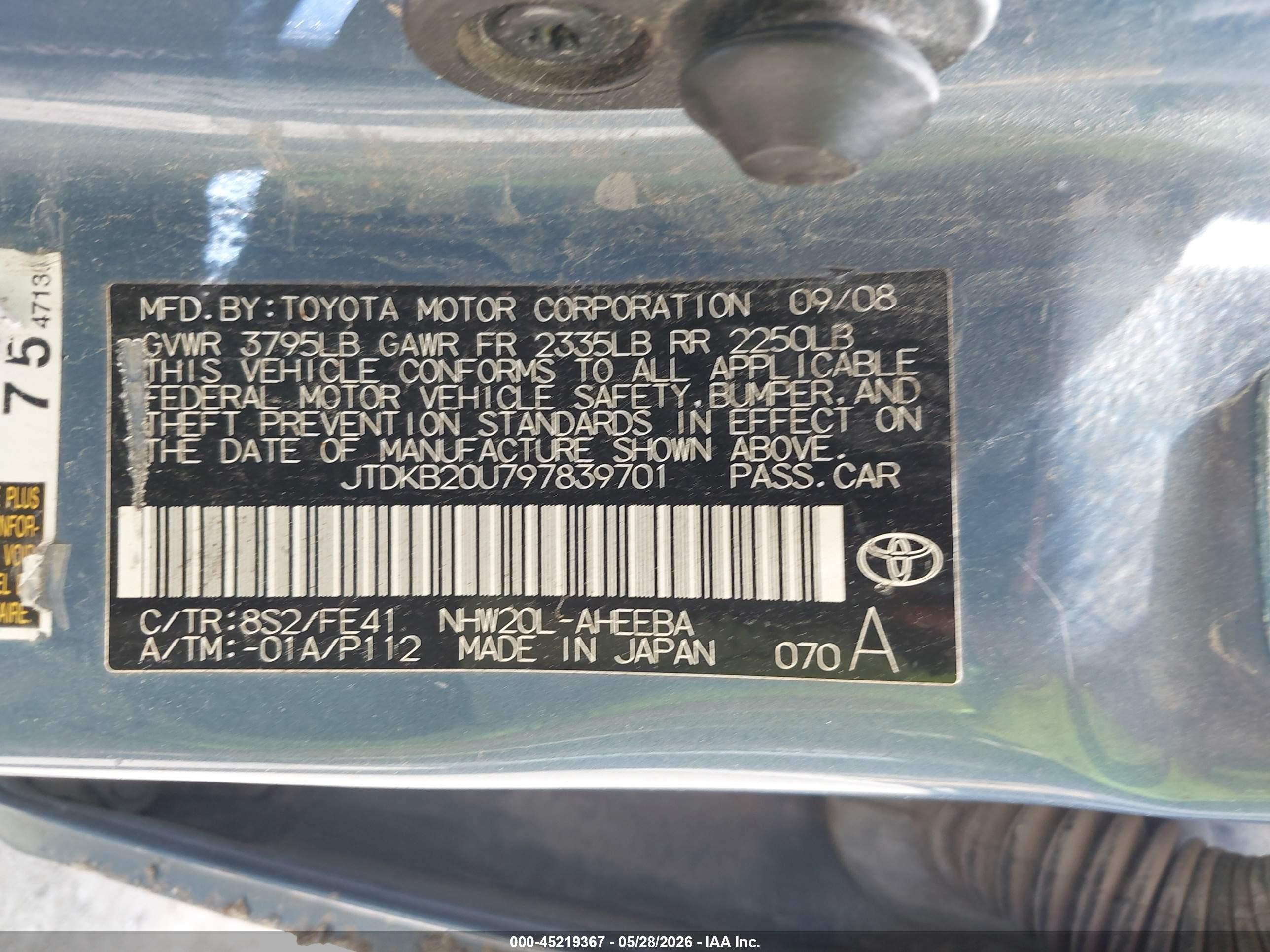 2009 Toyota Prius Blue vin: JTDKB20U797839701
