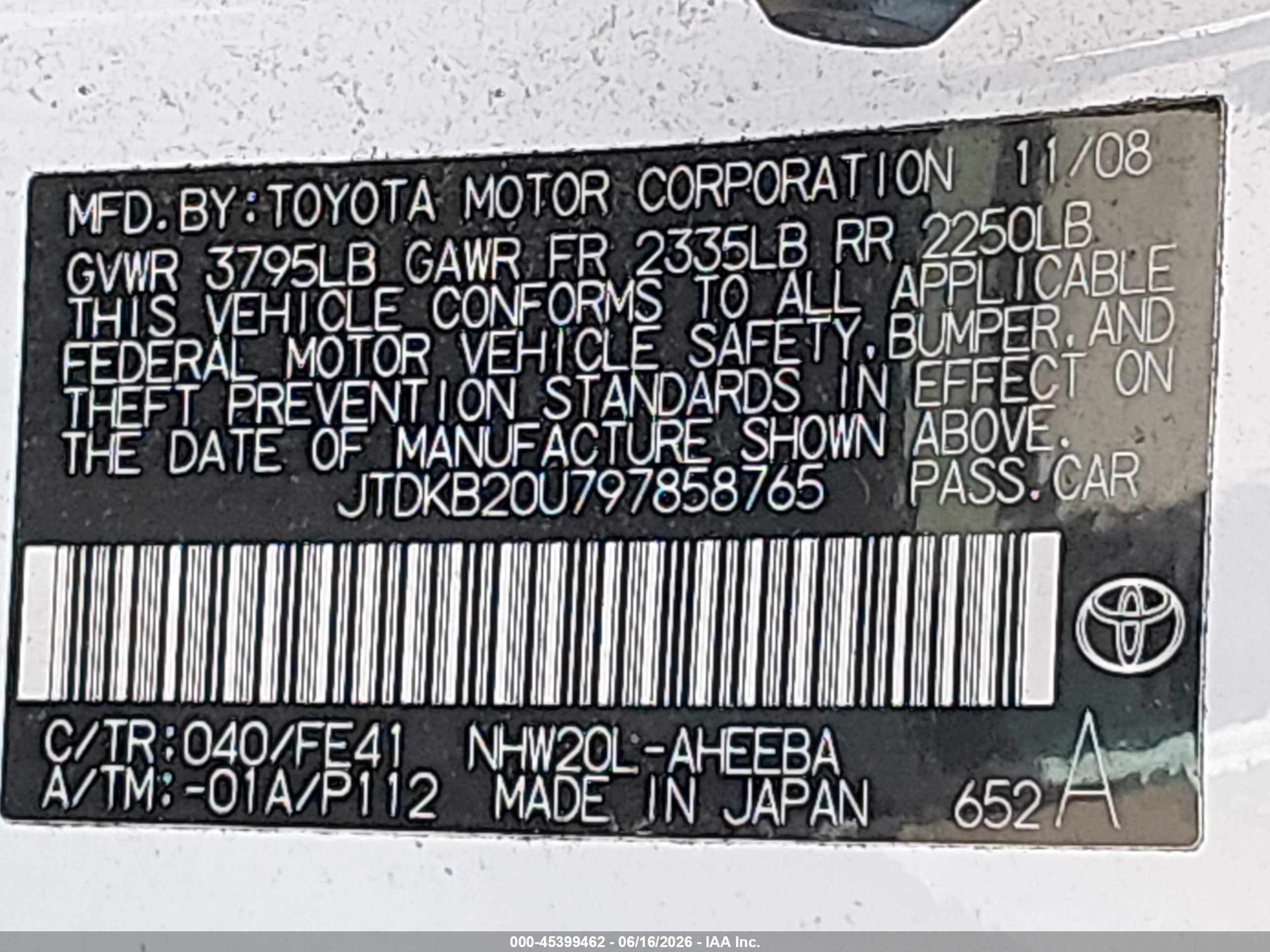 2009 Toyota Prius   White vin: JTDKB20U797858765