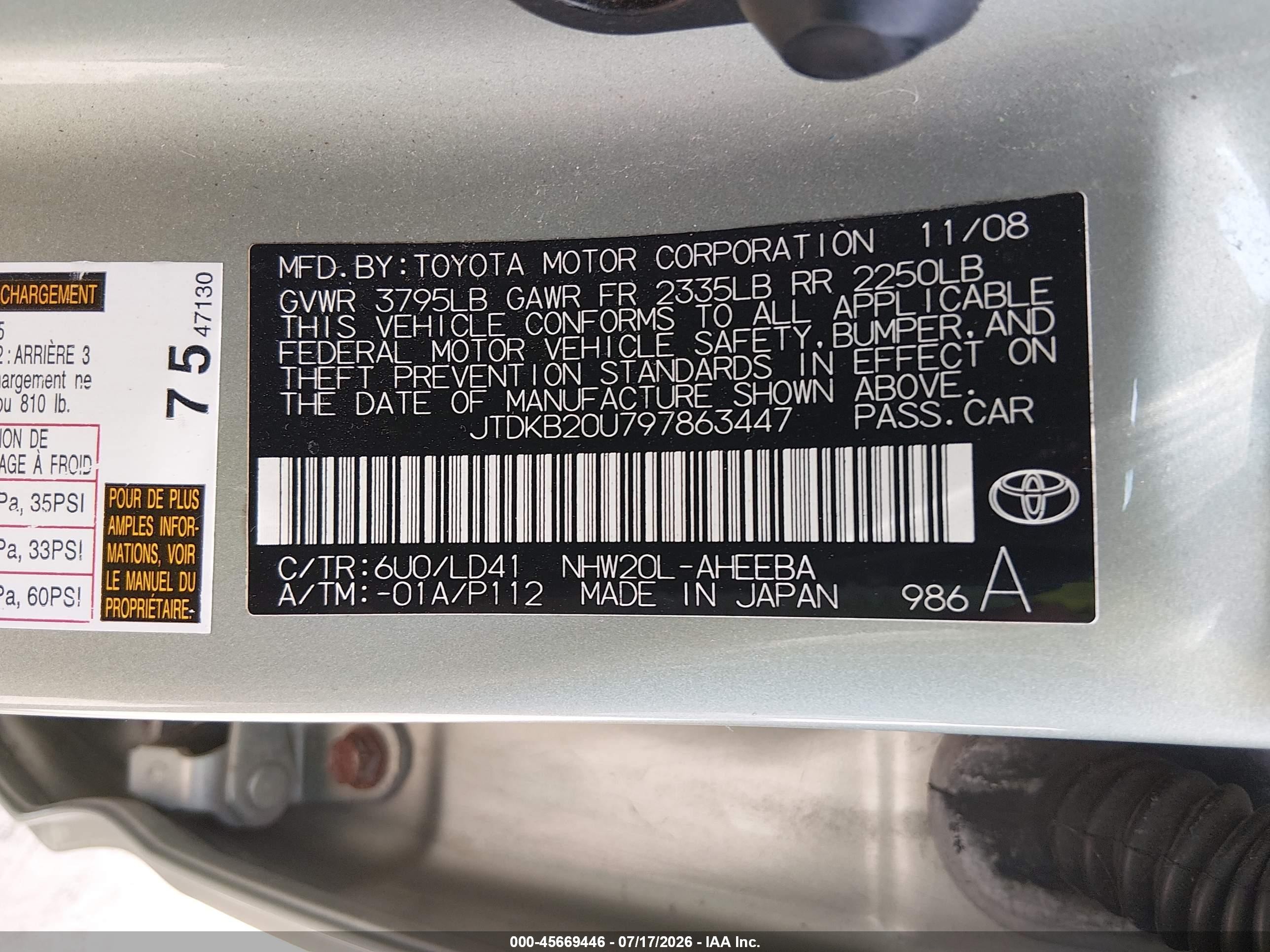 2009 Toyota Prius   Green vin: JTDKB20U797863447