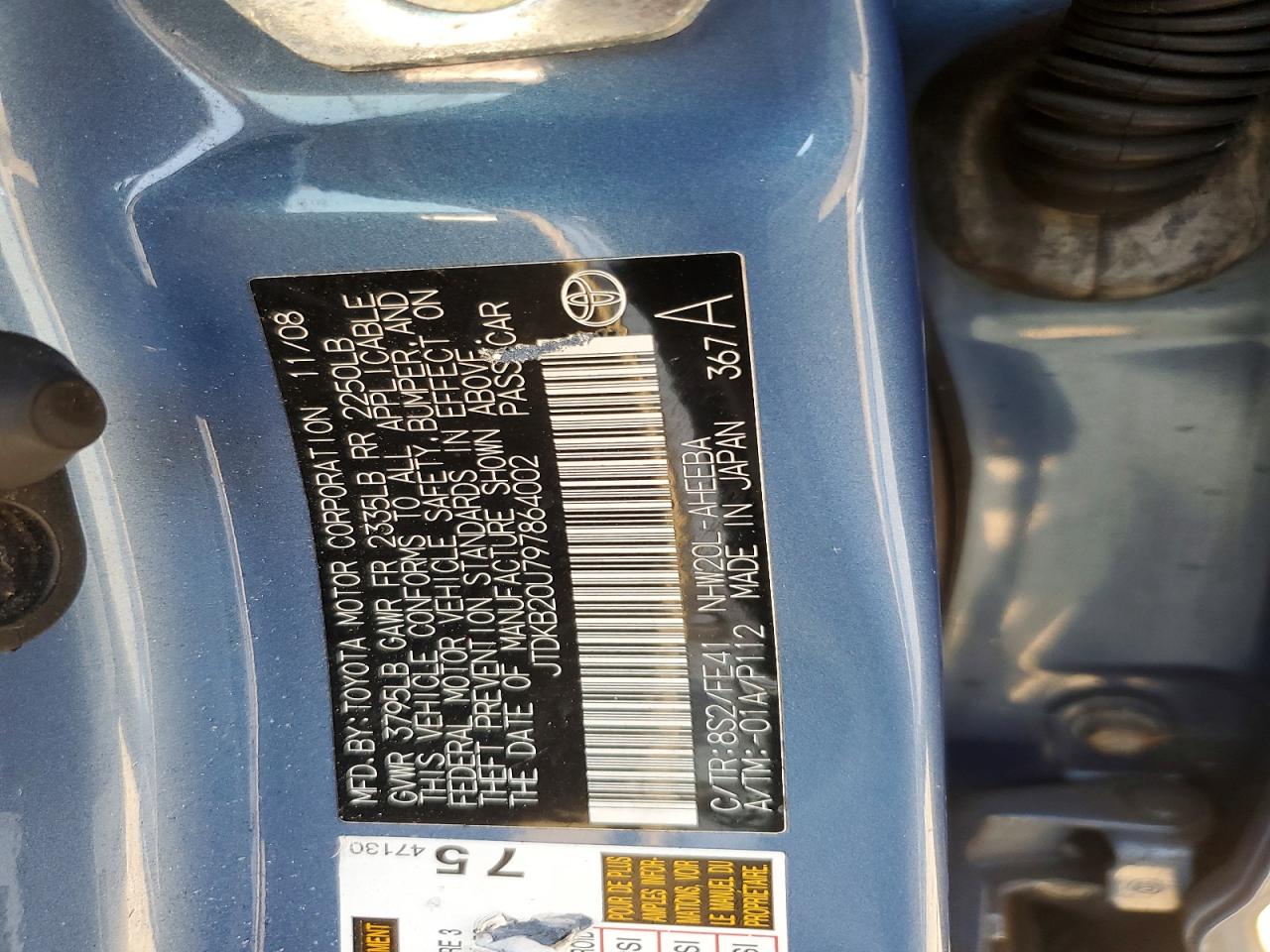 2009 Toyota Prius Base Blue vin: JTDKB20U797864002