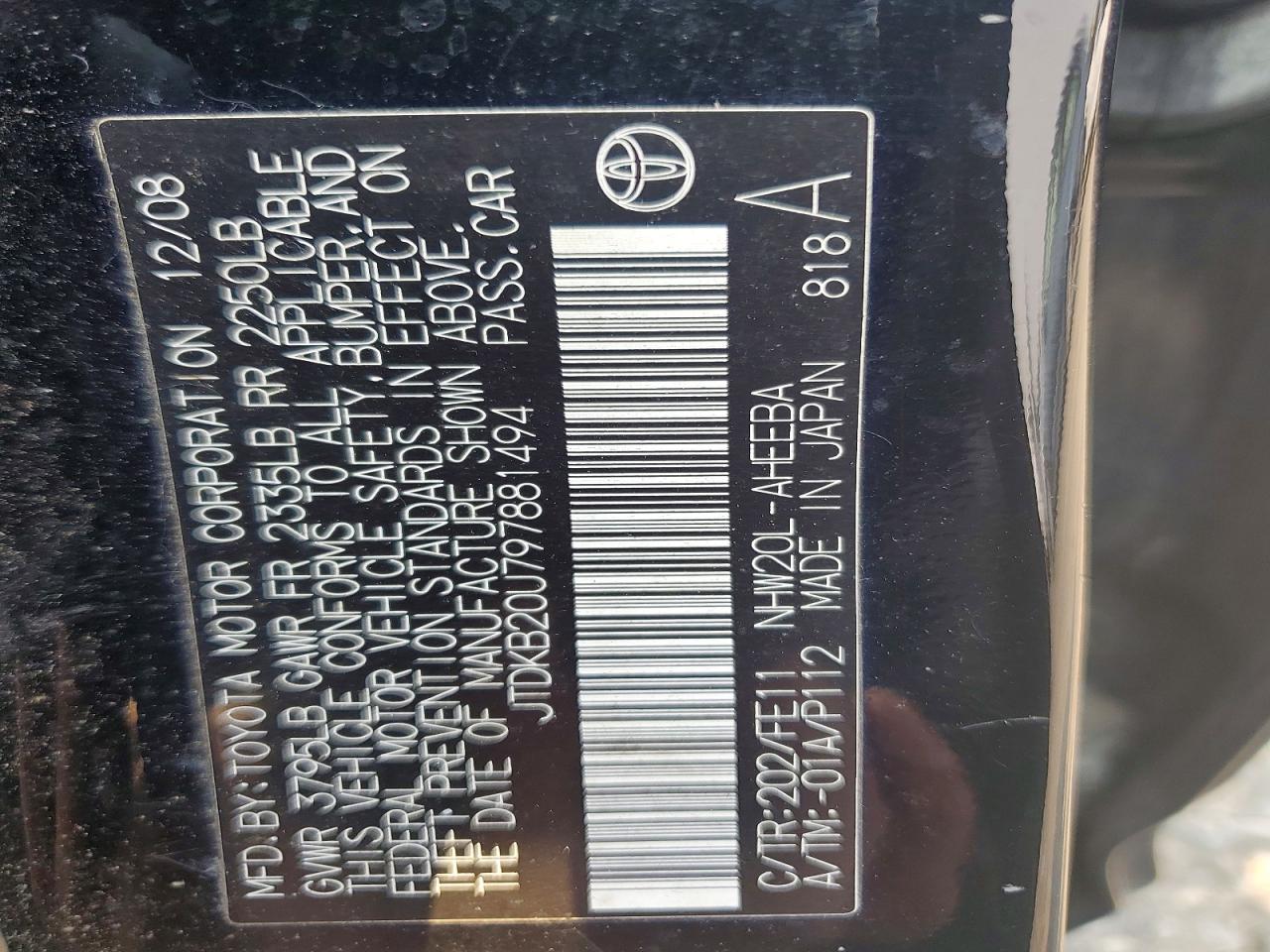 2009 Toyota Prius Base Black vin: JTDKB20U797881494