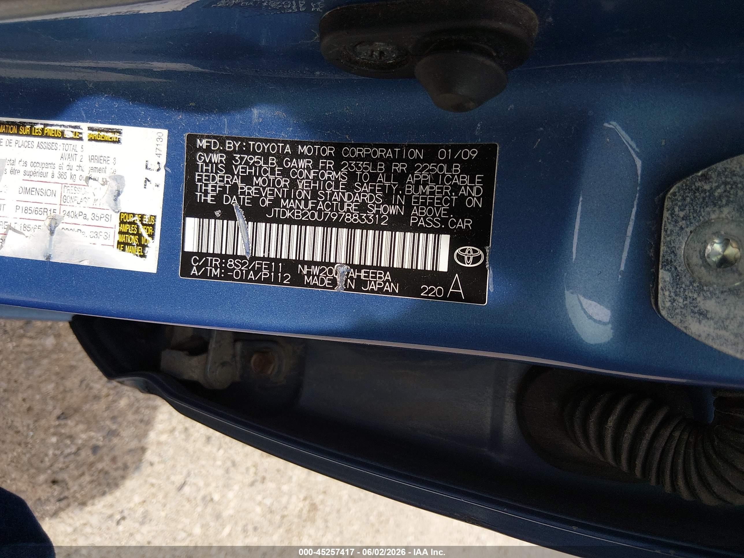 2009 Toyota Prius   Синий vin: JTDKB20U797883312