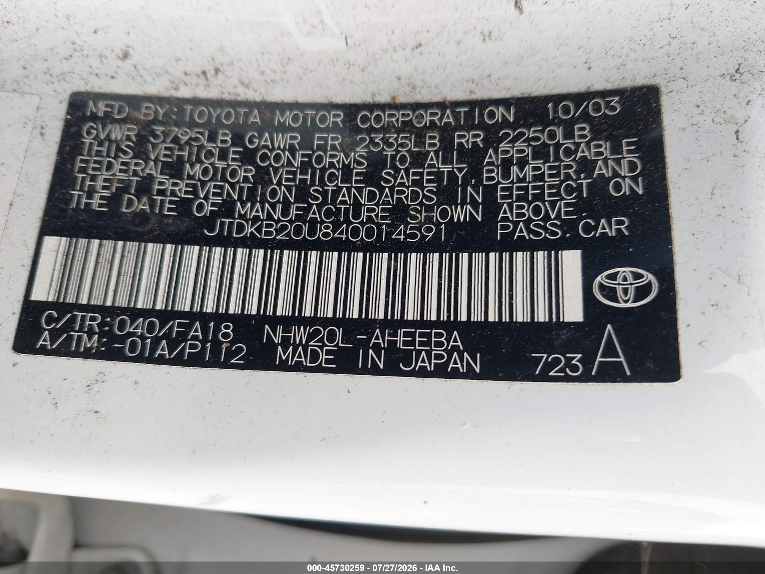 2004 Toyota Prius   White vin: JTDKB20U840014591