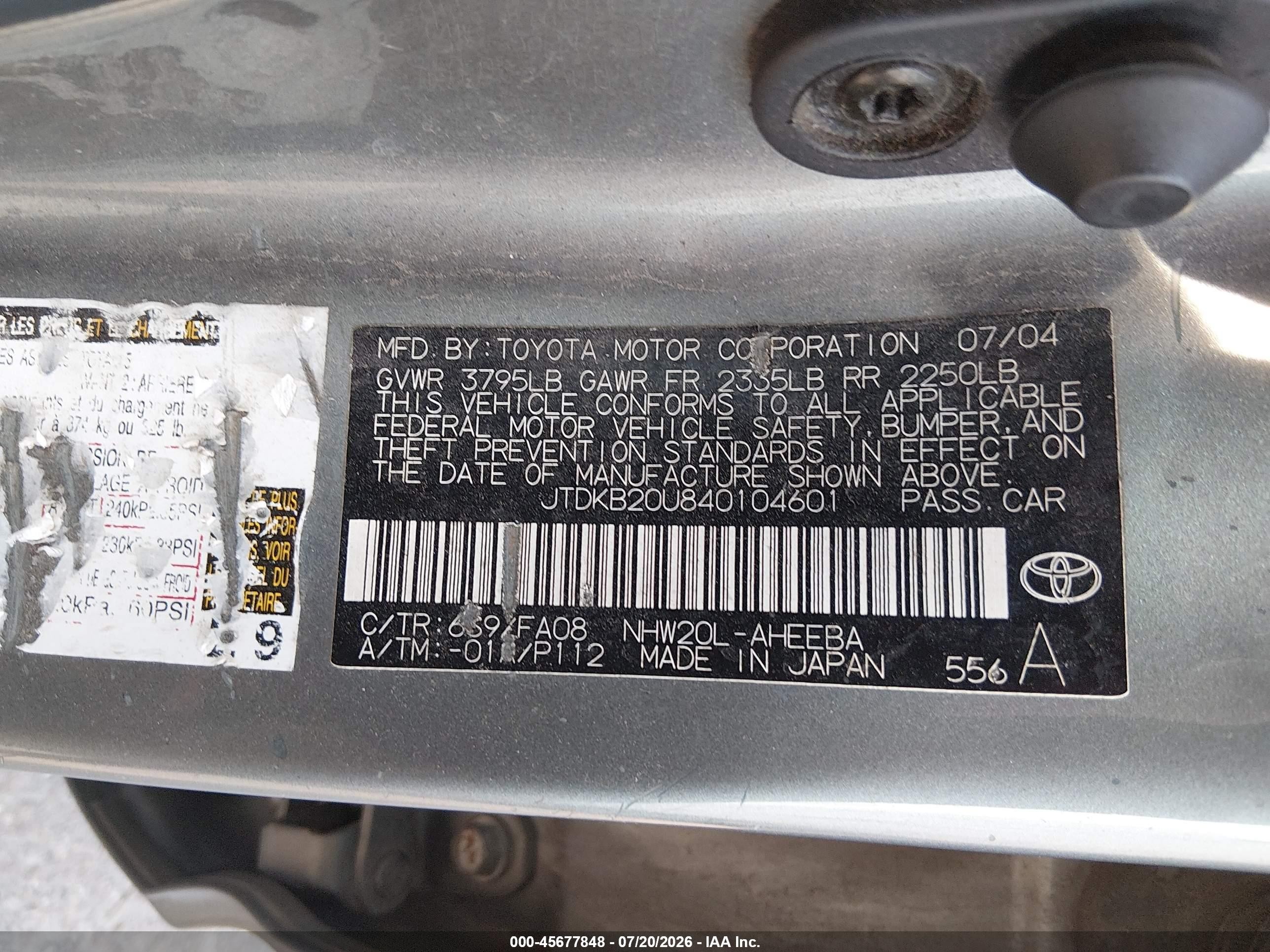 2004 Toyota Prius   Gray vin: JTDKB20U840104601