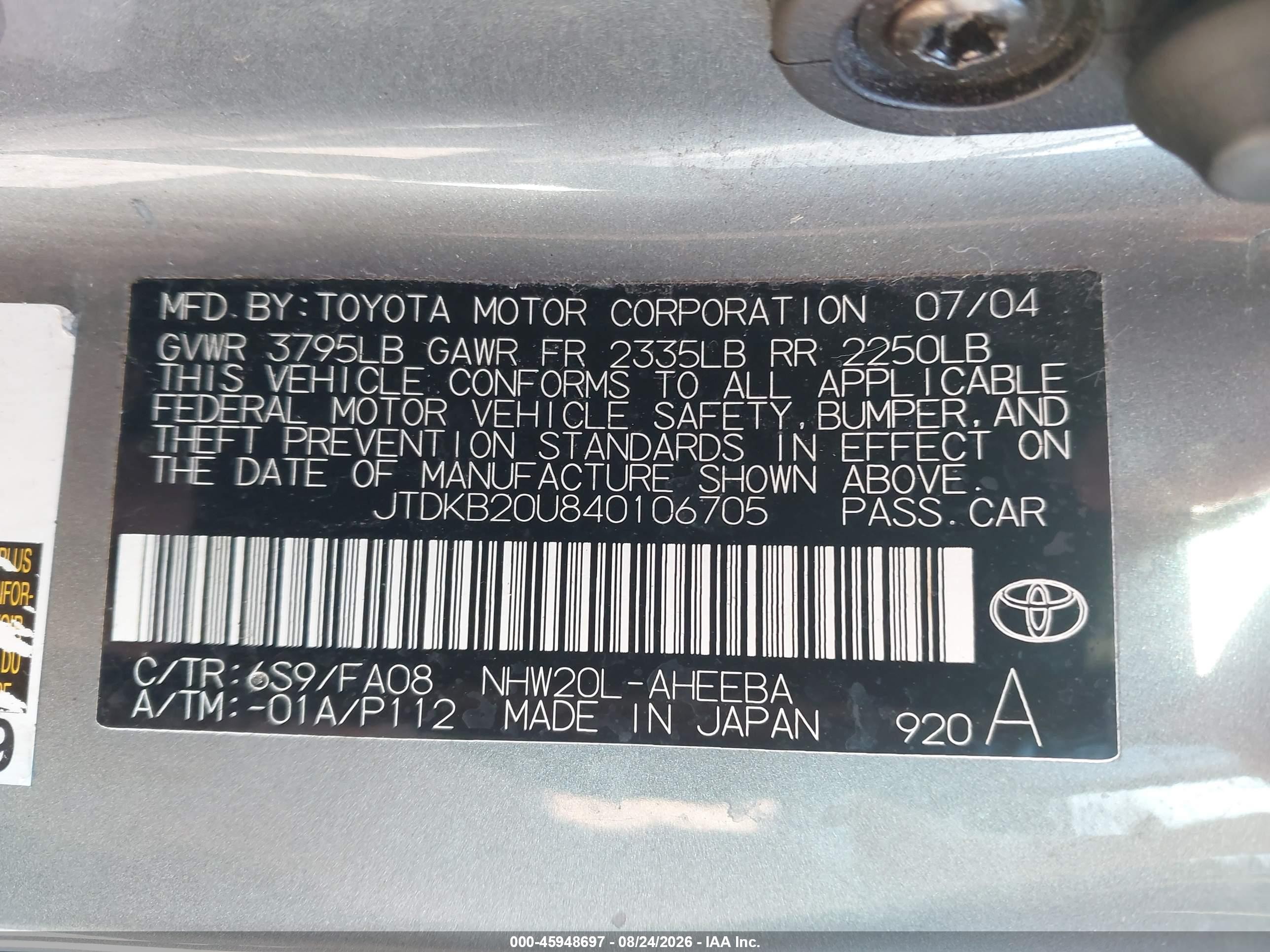 2004 Toyota Prius   Gray vin: JTDKB20U840106705
