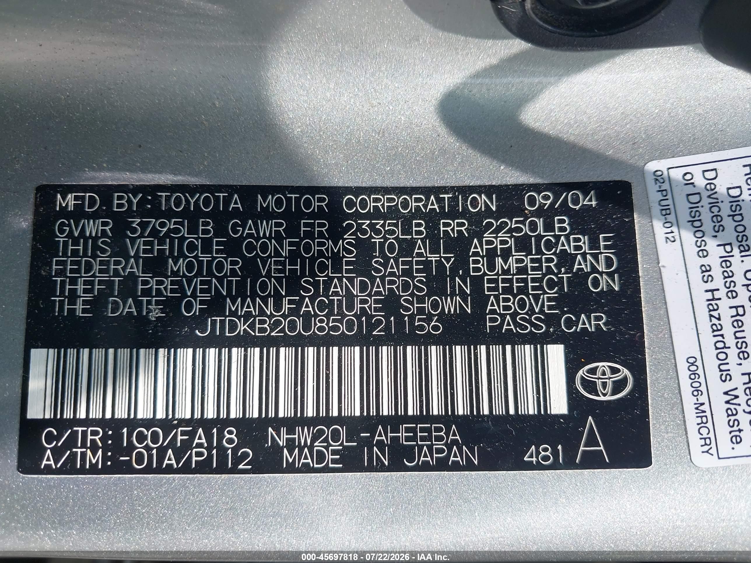 2005 Toyota Prius   Silver vin: JTDKB20U850121156