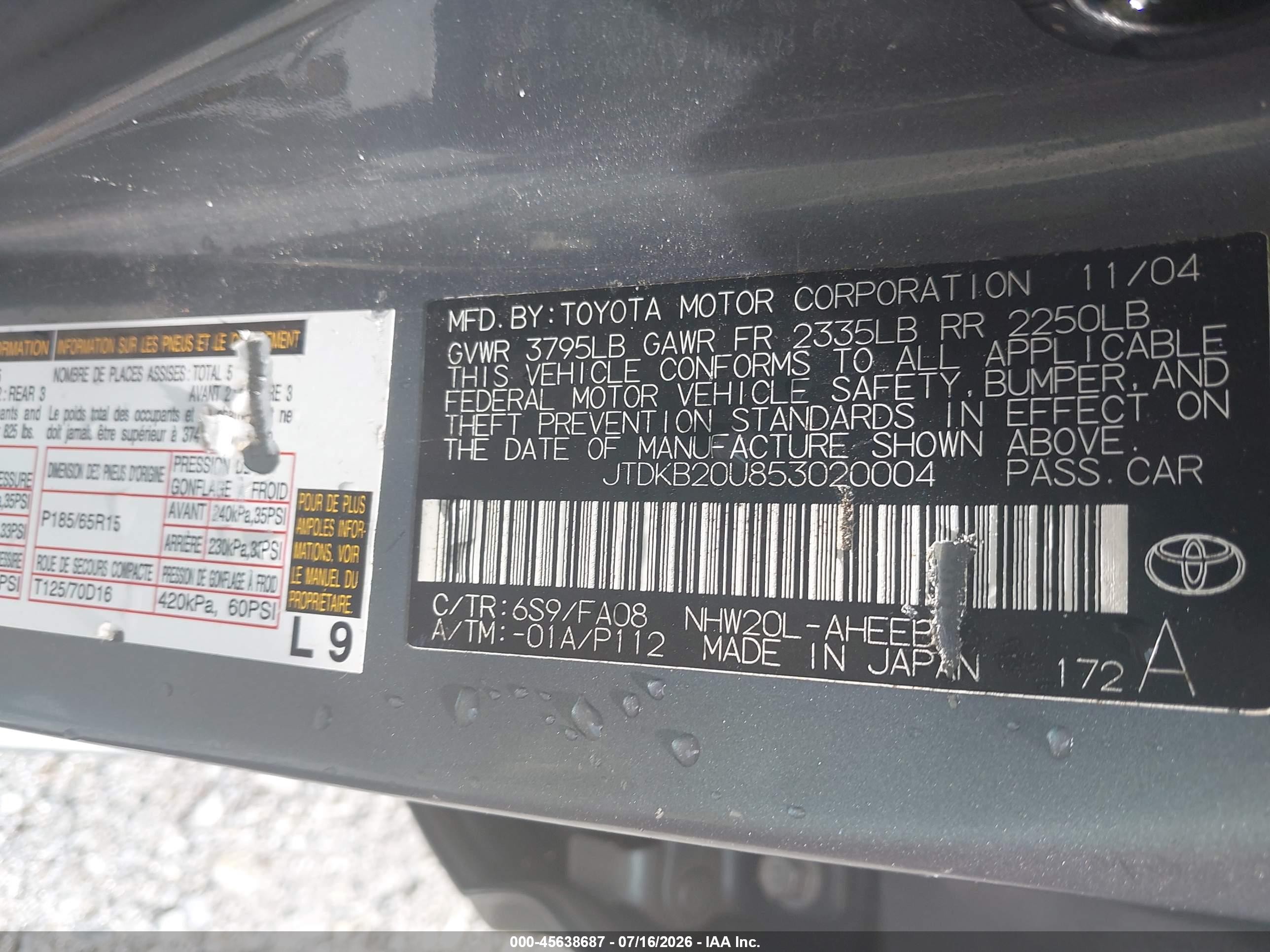 2005 Toyota Prius   Gray vin: JTDKB20U853020004