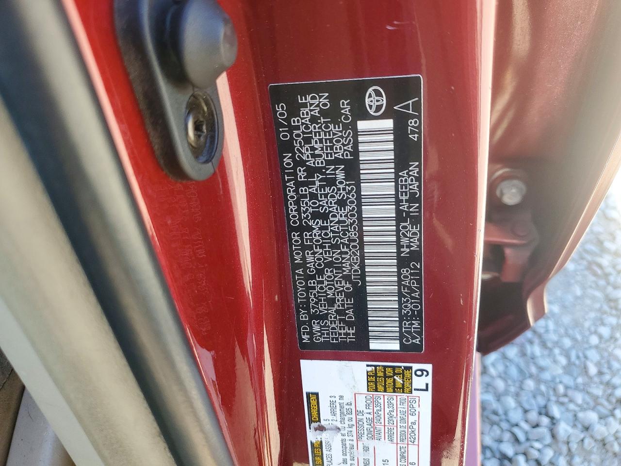 2005 Toyota Prius Base Red vin: JTDKB20U853030631