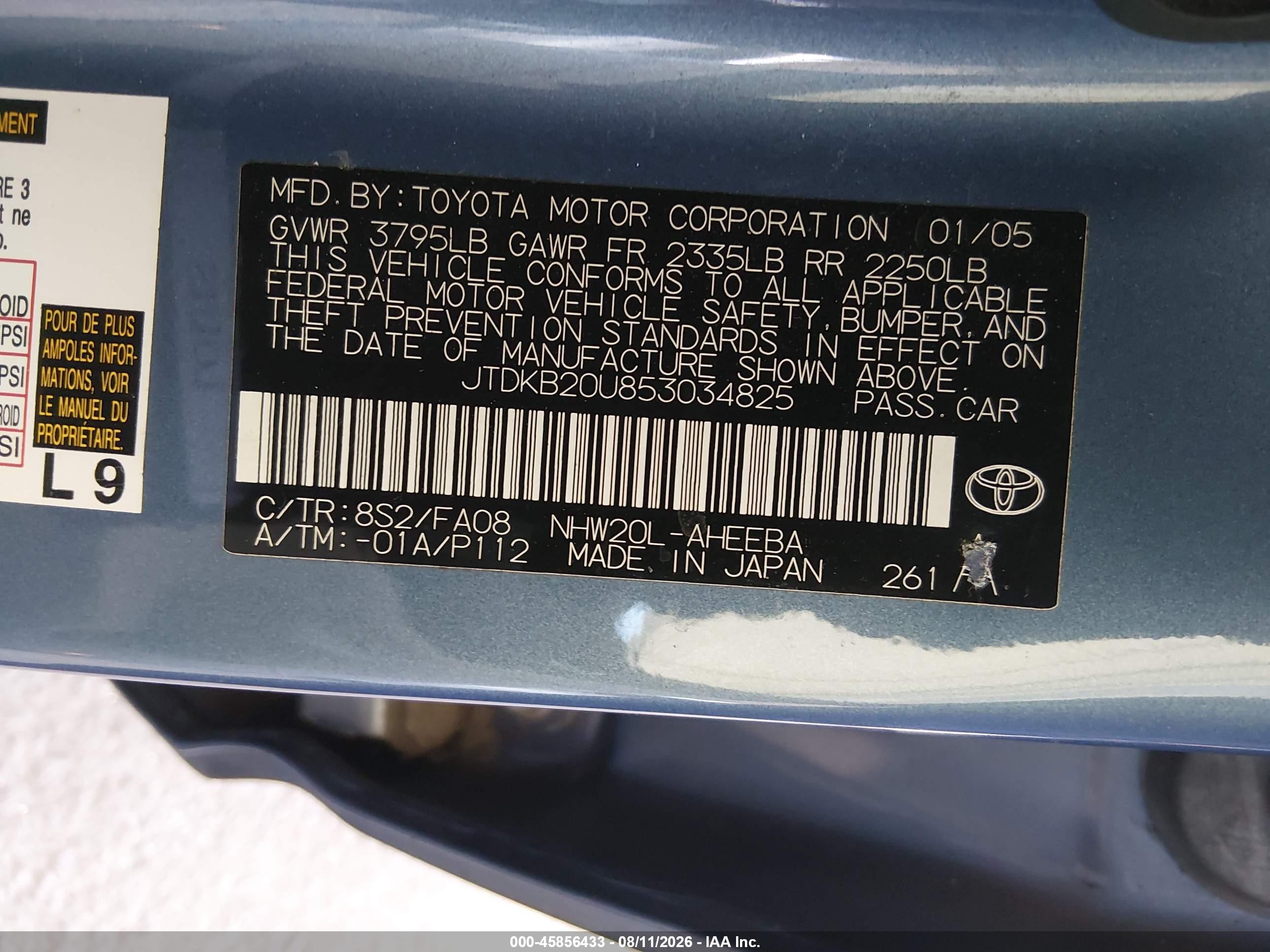 2005 Toyota Prius Light Blue vin: JTDKB20U853034825